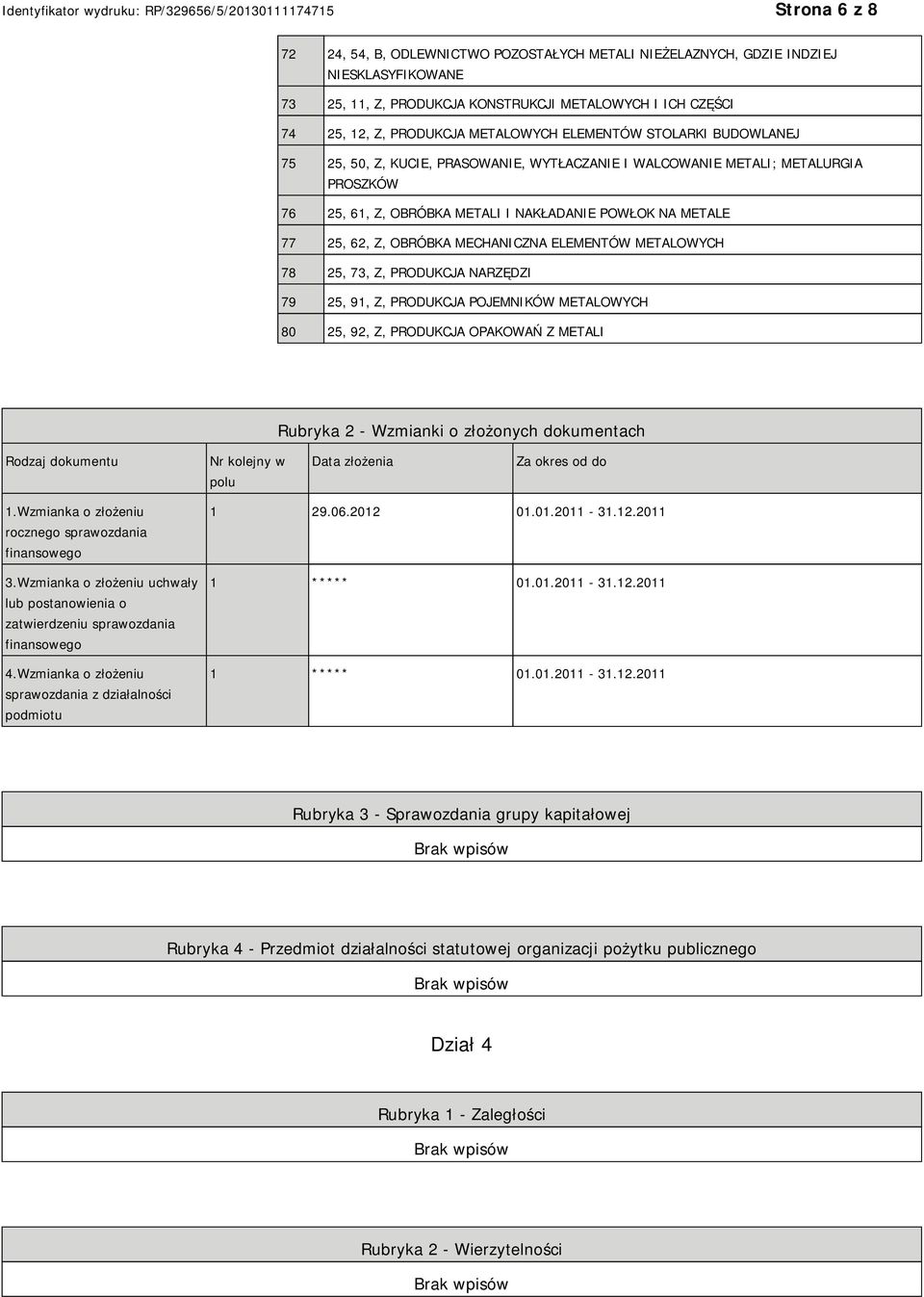 ELEMENTÓW METALOWYCH 78 25, 73, Z, PRODUKCJA NARZĘDZI 79 25, 91, Z, PRODUKCJA POJEMNIKÓW METALOWYCH 80 25, 92, Z, PRODUKCJA OPAKOWAŃ Z METALI Rubryka 2 - Wzmianki o złożonych dokumentach Rodzaj