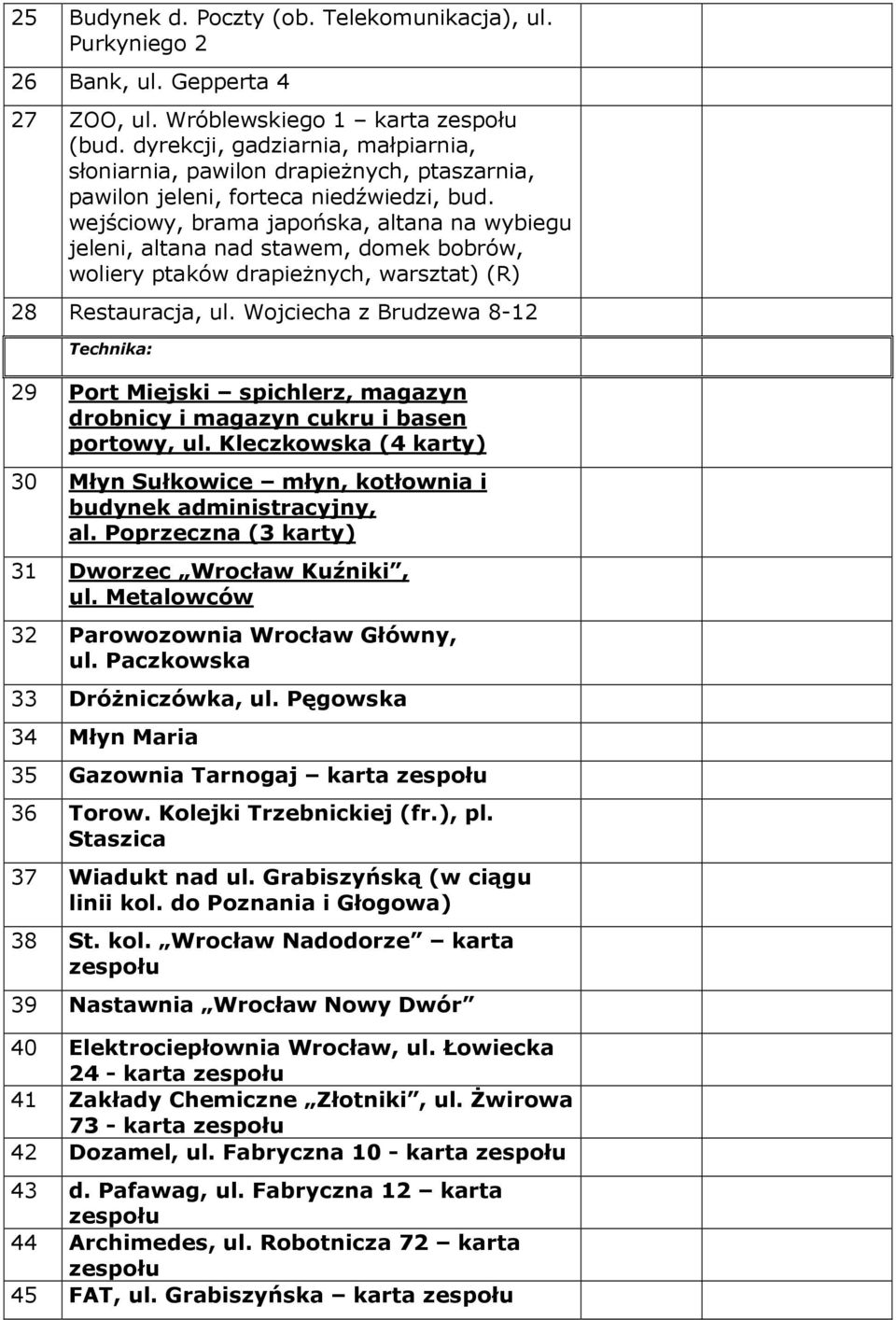wejściowy, brama japońska, altana na wybiegu jeleni, altana nad stawem, domek bobrów, woliery ptaków drapieŝnych, warsztat) (R) 28 Restauracja, ul.