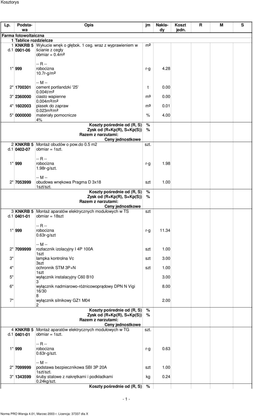 1 2-07 Montaż obudów o pow.do 0.5 2 obiar = 1 2 1.98r-g/ r-g 1.98 2* 7053999 obudowa wnękowa Praga D 3x18 szt 1.00 1szt/ 3 KNKRB 5 d.