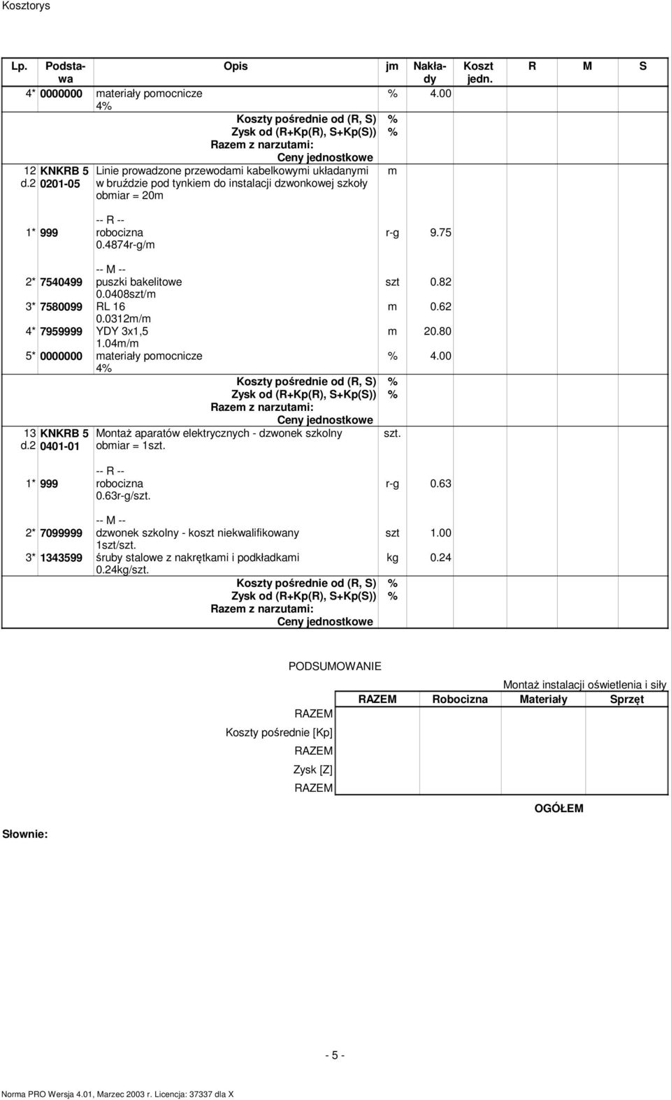 75 2* 7540499 puszki bakelitowe 0.8szt/ 3* 7580099 RL 16 0.0312/ 4* 7959999 YDY 3x1,5 5* 0000000 ateriały poocnicze 13 KNKRB 5 d.