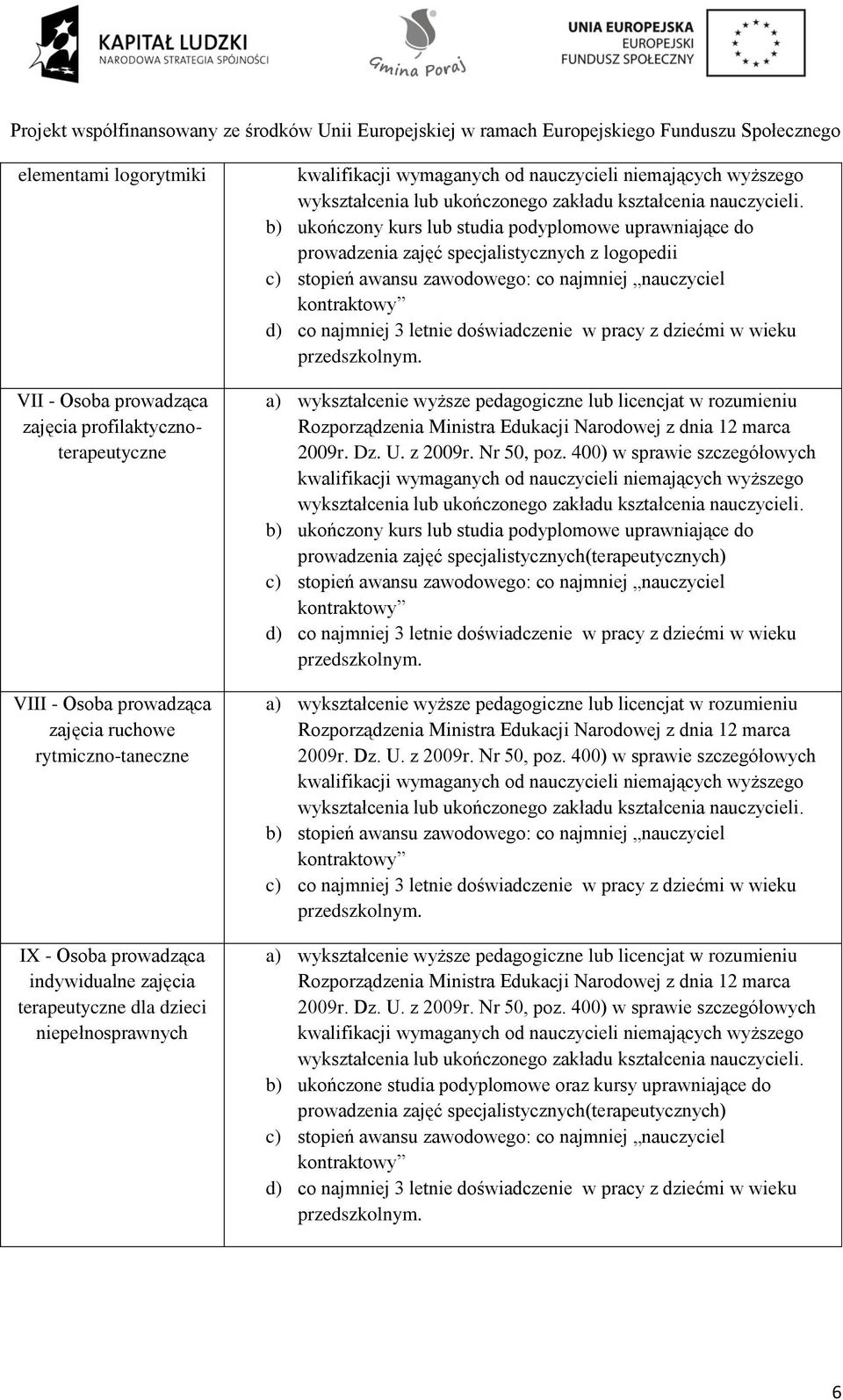 prowadzenia zajęć specjalistycznych(terapeutycznych) b) stopień awansu zawodowego: co najmniej nauczyciel c) co najmniej 3 letnie