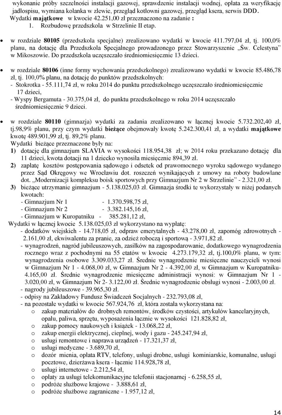 100,0% planu, na dtację dla Przedszkla Specjalneg prwadzneg przez Stwarzyszenie Św. Celestyna w Mikszwie. D przedszkla uczęszczał średnimiesięcznie 13 dzieci.