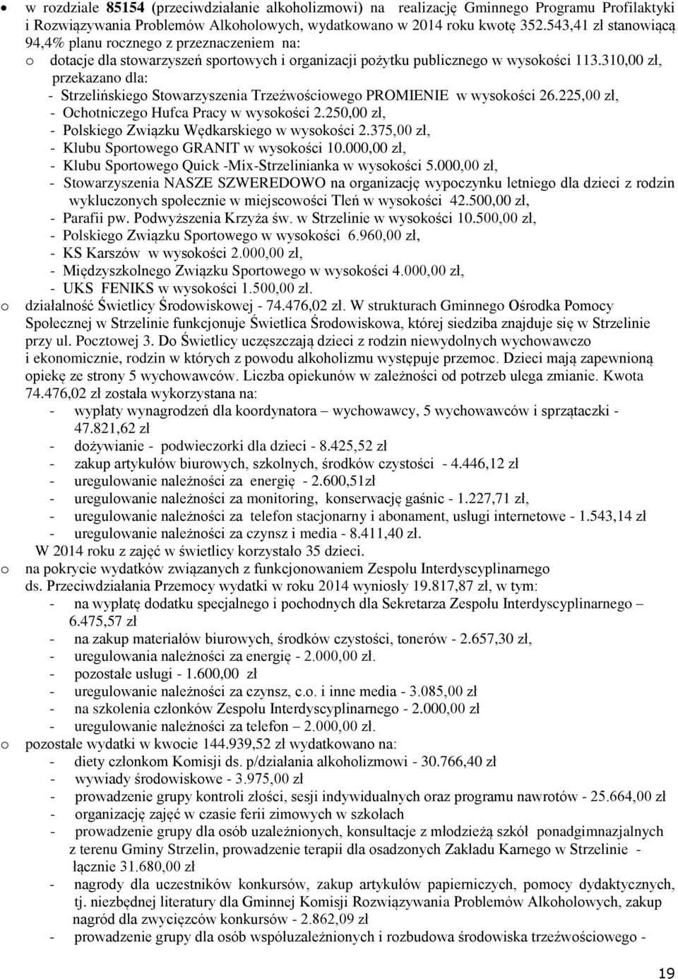 310,00 zł, przekazan dla: - Strzelińskieg Stwarzyszenia Trzeźwściweg PROMIENIE w wyskści 26.225,00 zł, - Ochtniczeg Hufca Pracy w wyskści 2.250,00 zł, - Plskieg Związku Wędkarskieg w wyskści 2.