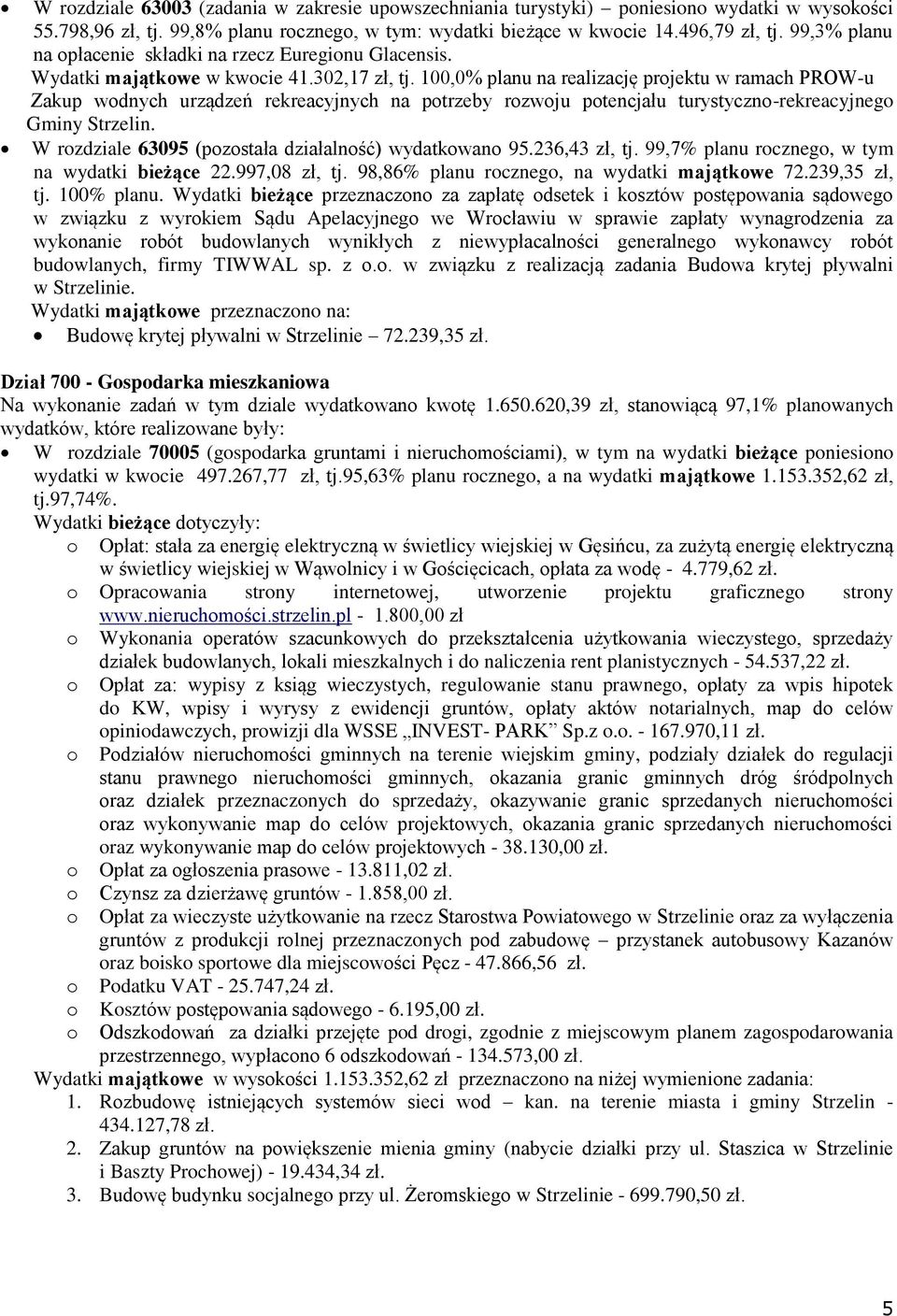 100,0% planu na realizację prjektu w ramach PROW-u Zakup wdnych urządzeń rekreacyjnych na ptrzeby rzwju ptencjału turystyczn-rekreacyjneg Gminy Strzelin.