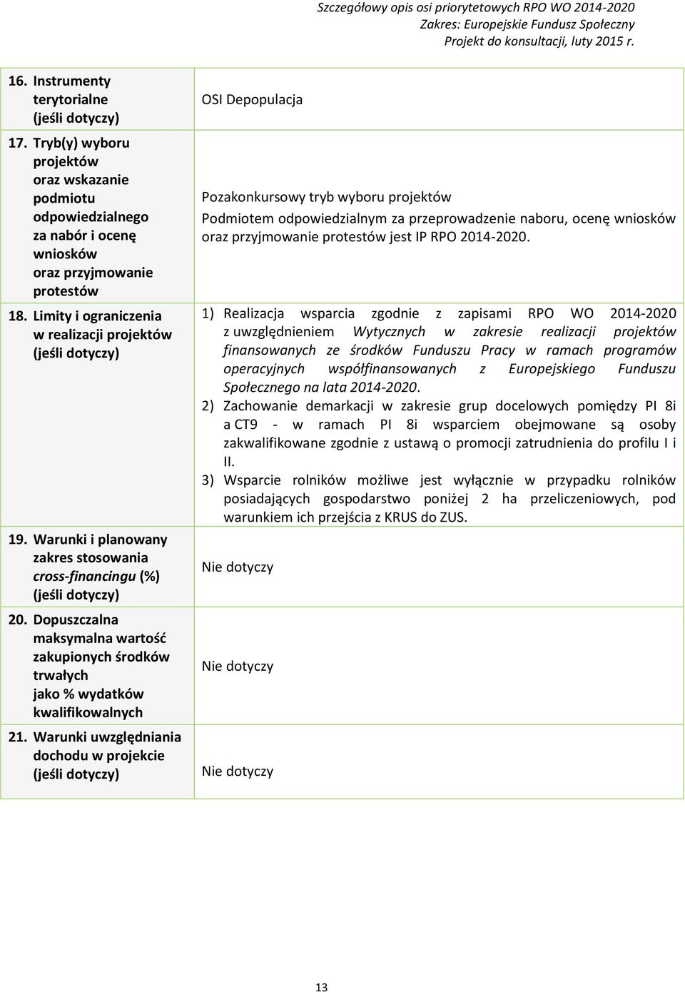Warunki i planowany zakres stosowania cross-financingu (%) 20. Dopuszczalna maksymalna wartość zakupionych środków trwałych jako % wydatków 21.
