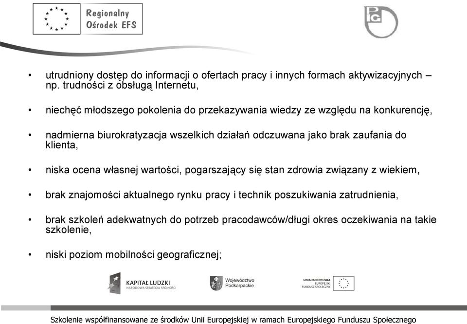 wszelkich działań odczuwana jako brak zaufania do klienta, niska ocena własnej wartości, pogarszający się stan zdrowia związany z wiekiem,