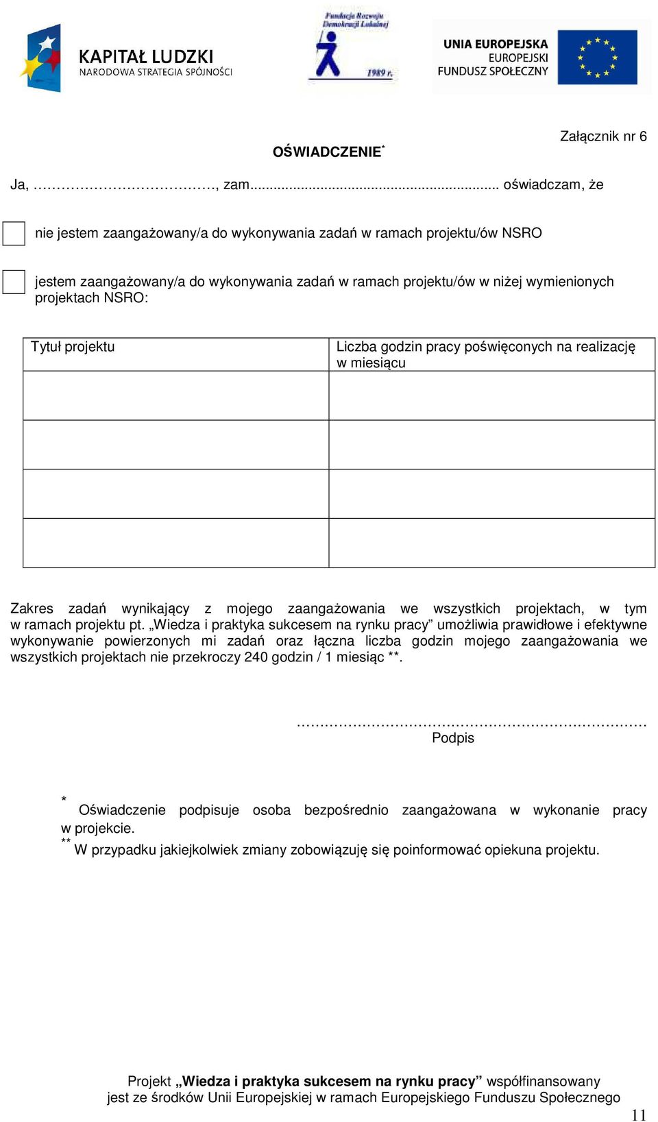 projektu Liczba godzin pracy poświęconych na realizację w miesiącu Zakres zadań wynikający z mojego zaangażowania we wszystkich projektach, w tym w ramach projektu pt.