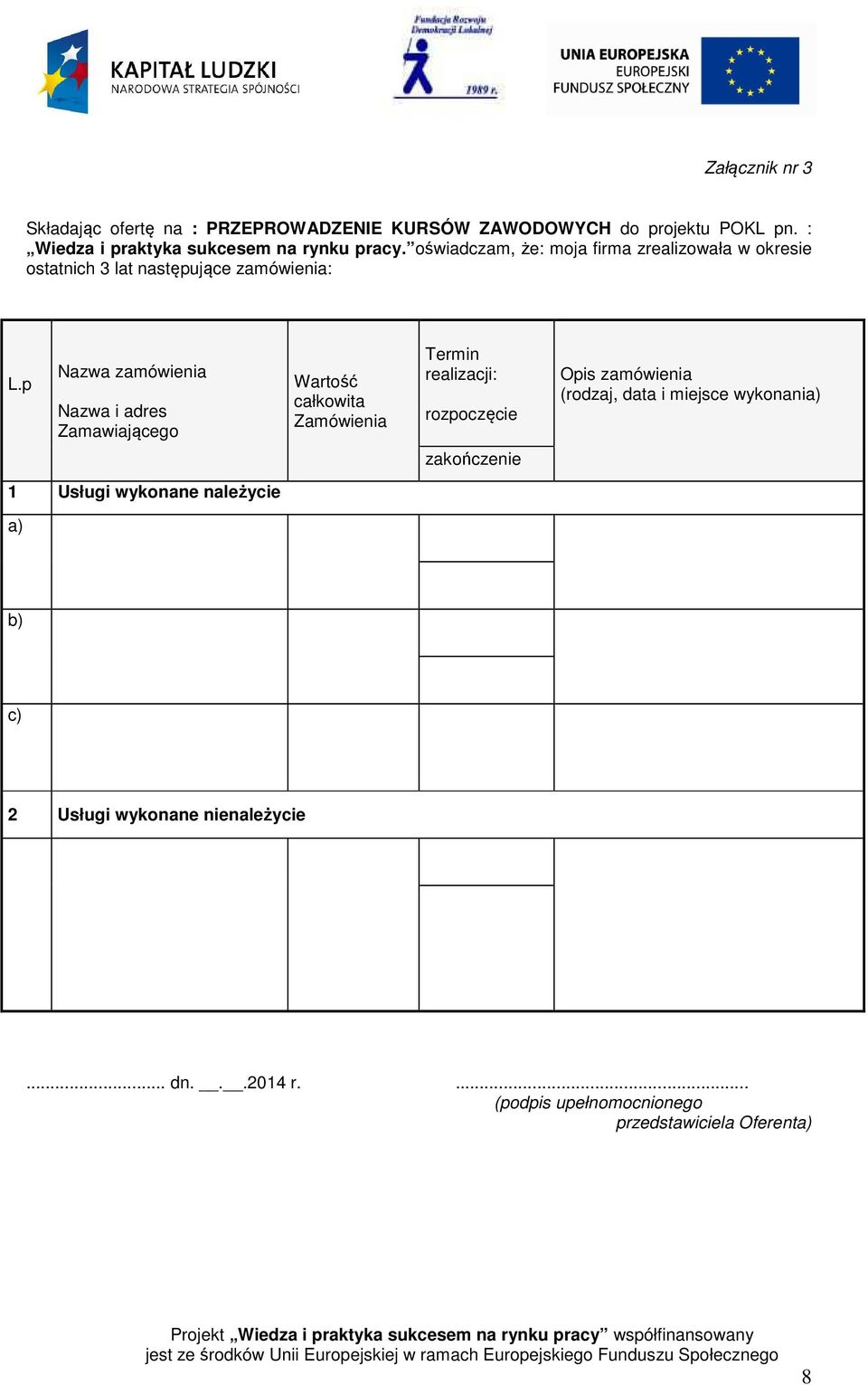 oświadczam, że: moja firma zrealizowała w okresie ostatnich 3 lat następujące zamówienia: L.
