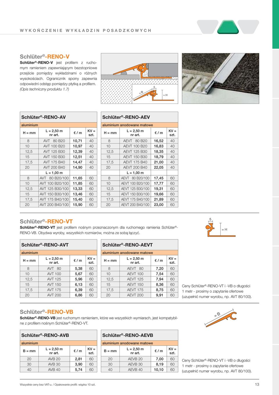7) Schlüter - RENO- AV aluminium 8 AVT 80 B20 10,71 40 10 AVT 100 B20 10,97 40 12,5 AVT 125 B30 12,39 40 15 AVT 150 B30 12,51 40 17,5 AVT 175 B40 14,47 40 20 AVT 200 B40 14,90 40 L = 1,00 m 8 AVT 80