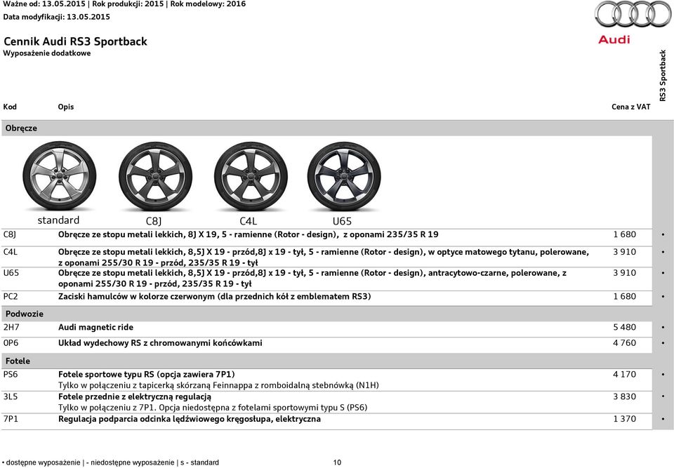 przód,8j x 19 - tył, 5 - ramienne (Rotor - design), antracytowo-czarne, polerowane, z oponami 255/30 R 19 - przód, 235/35 R 19 - tył 3 910 3 910 PC2 Zaciski hamulców w kolorze czerwonym (dla