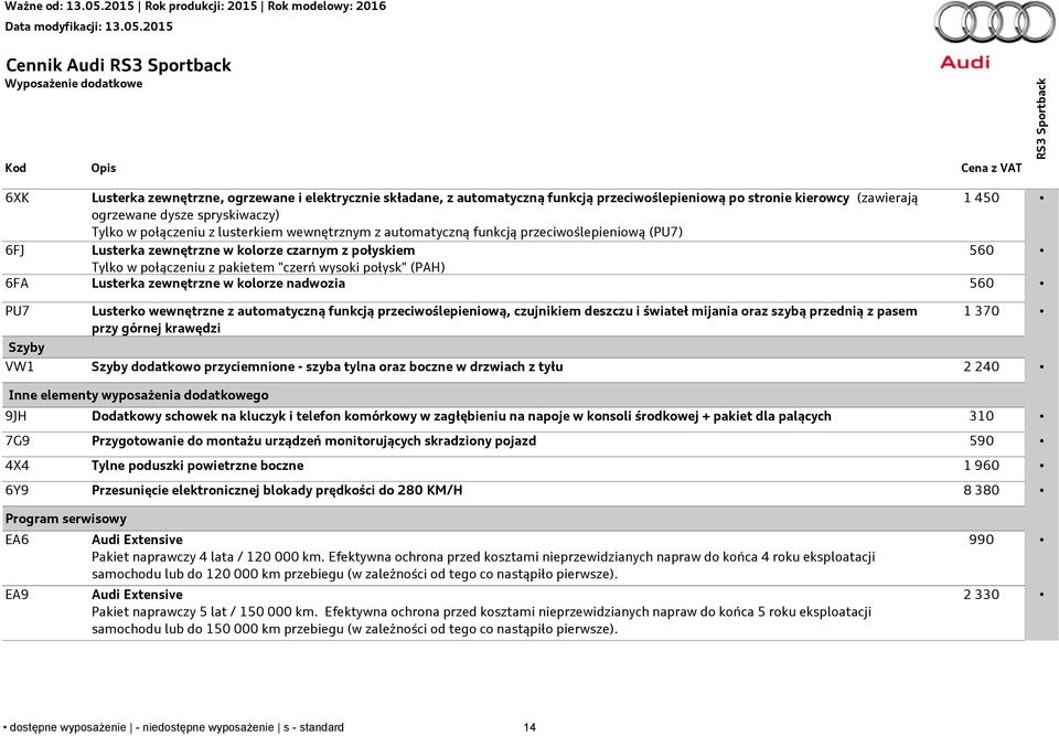 "czerń wysoki połysk" (PAH) 6FA Lusterka zewnętrzne w kolorze nadwozia 560 PU7 Szyby Lusterko wewnętrzne z automatyczną funkcją przeciwoślepieniową, czujnikiem deszczu i świateł mijania oraz szybą