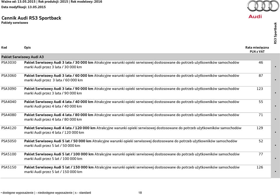 3 lata / 60 000 km 87 PSA3090 Pakiet Serwisowy Audi 3 lata / 90 000 km Atrakcyjne warunki opieki serwisowej dostosowane do potrzeb użytkowników samochodów marki Audi przez 3 lata / 90 000 km 123
