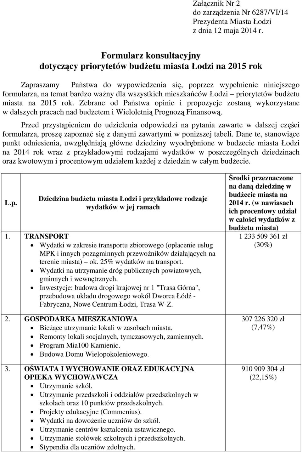 wszystkich mieszkańców Łodzi priorytetów budżetu miasta na 2015 rok. Zebrane od Państwa opinie i propozycje zostaną wykorzystane w dalszych pracach nad budżetem i Wieloletnią Prognozą Finansową.