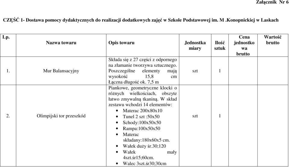 Poszczególne elementy mają wysokość 15,8 cm Łączna długość ok. 7,5 m Piankowe, geometryczne klocki o różnych wielkościach, obszyte łatwo zmywalną tkaniną.