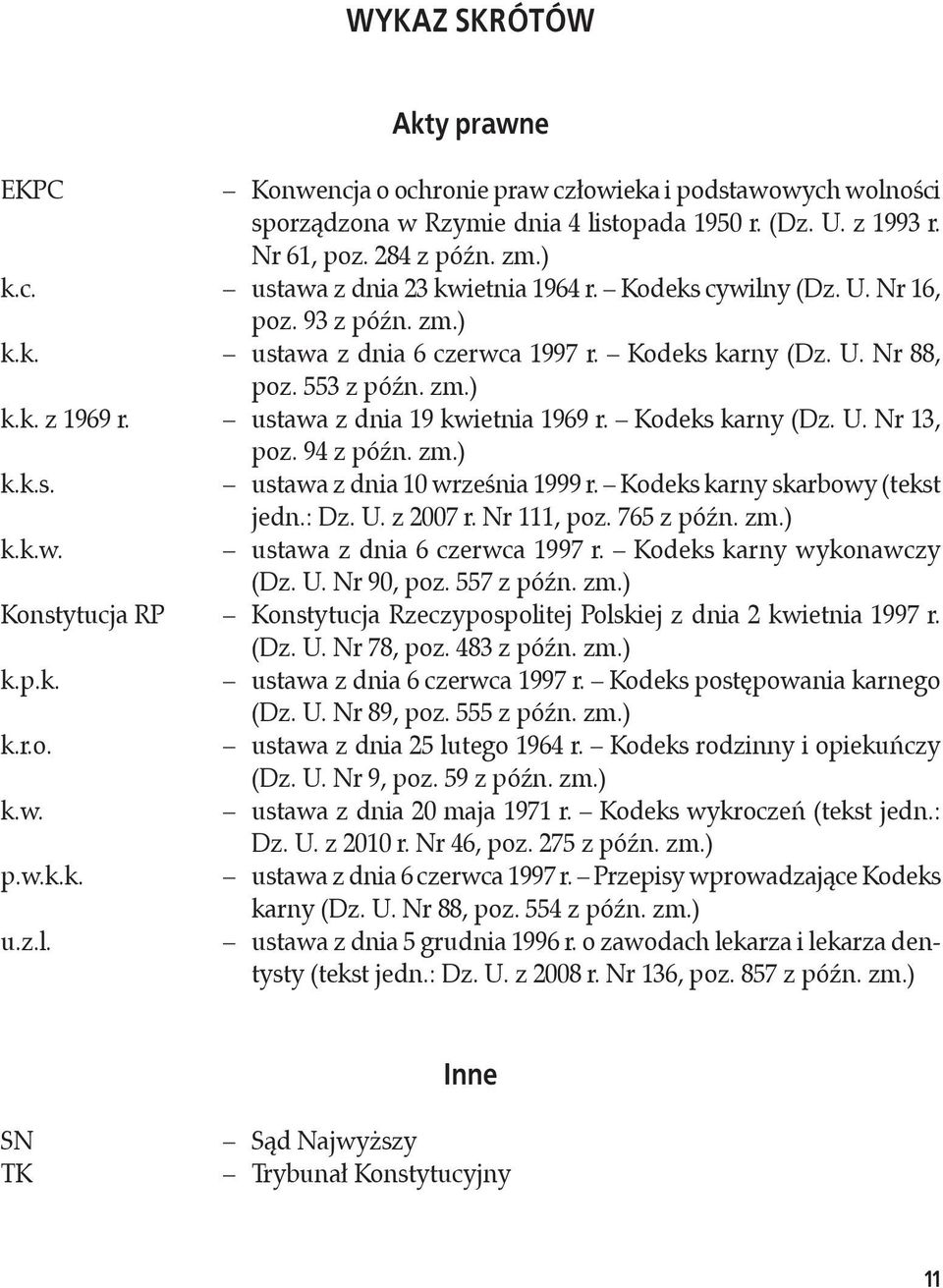 Kodeks karny (Dz. U. Nr 13, poz. 94 z późn. zm.) k.k.s. ustawa z dnia 10 września 1999 r. Kodeks karny skarbowy (tekst jedn.: Dz. U. z 2007 r. Nr 111, poz. 765 z późn. zm.) k.k.w. ustawa z dnia 6 czerwca 1997 r.