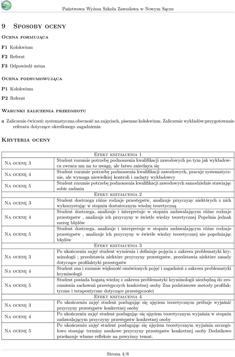 Zaliczenie wykładów:przygotowanie referatu dotyczące określonego zagadnienia Kryteria oceny Efekt kształcenia Student rozumie potrzebę podnoszenia kwalifikacji zawodowych po tym jak wykładowca zwraca