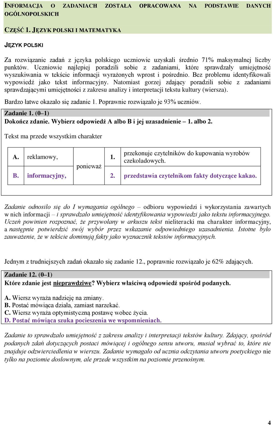 Uczniowie najlepiej poradzili sobie z zadaniami, które sprawdzały umiejętność wyszukiwania w tekście informacji wyrażonych wprost i pośrednio.