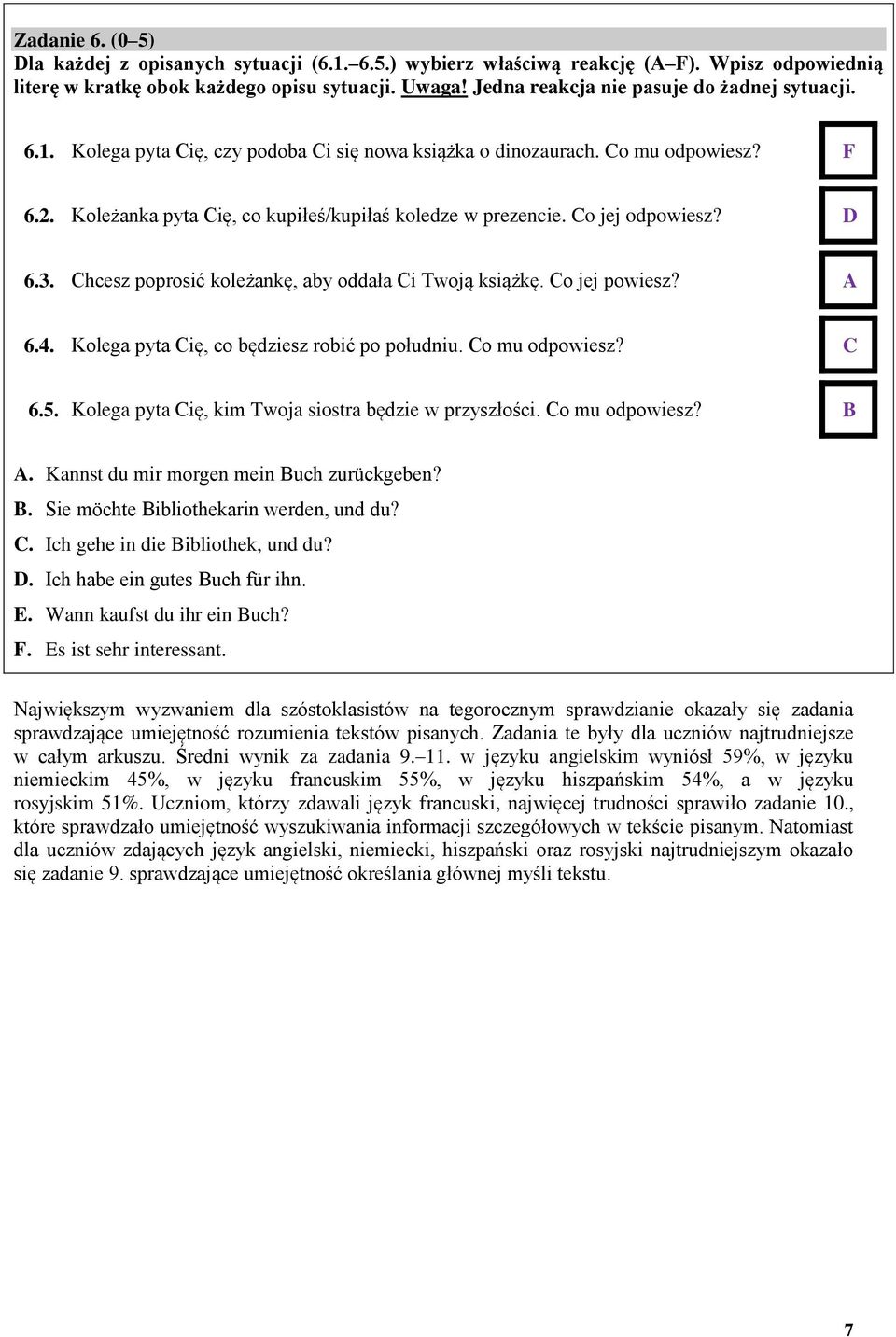 Co jej odpowiesz? D 6.3. Chcesz poprosić koleżankę, aby oddała Ci Twoją książkę. Co jej powiesz? A 6.4. Kolega pyta Cię, co będziesz robić po południu. Co mu odpowiesz? C 6.5.