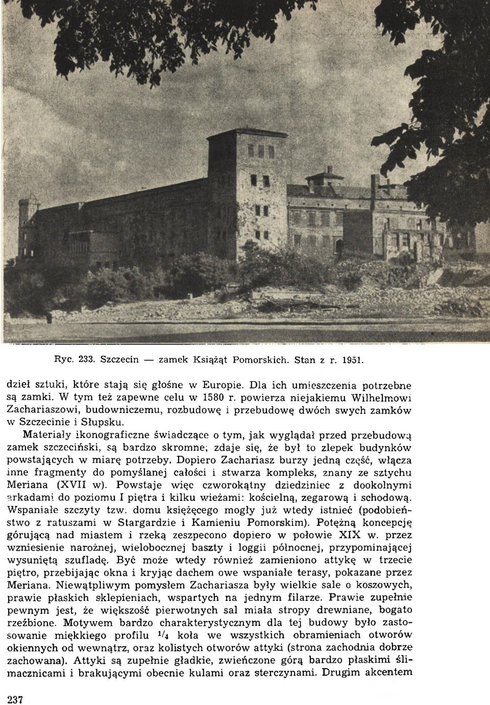 M ateriały ikonograficzne św iadczące o tym, jak w yglądał przed przebudow ą zam ek szczeciński, są bardzo skrom ne; zdaje się, że był to zlepek budynków pow stających w m iarę potrzeby.