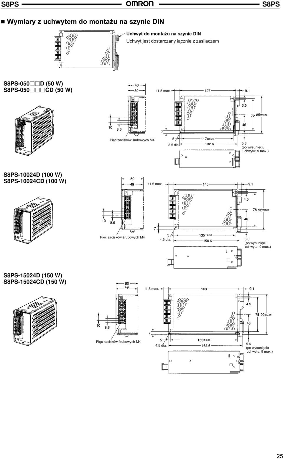 6 (po wysuniêciu uchwytu: 9 max.) -10024D (100 W) -10024CD (100 W) 11.5 max. Piêæ zacisków œrubowych M4 4.5 dia. 5.