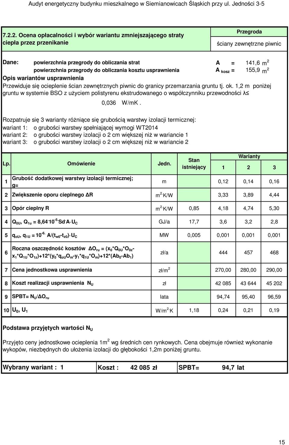 1,2 m poniżej gruntu w systemie BSO z użyciem polistyrenu ekstrudowanego o współczynniku przewodności λ 0,036 W/mK.