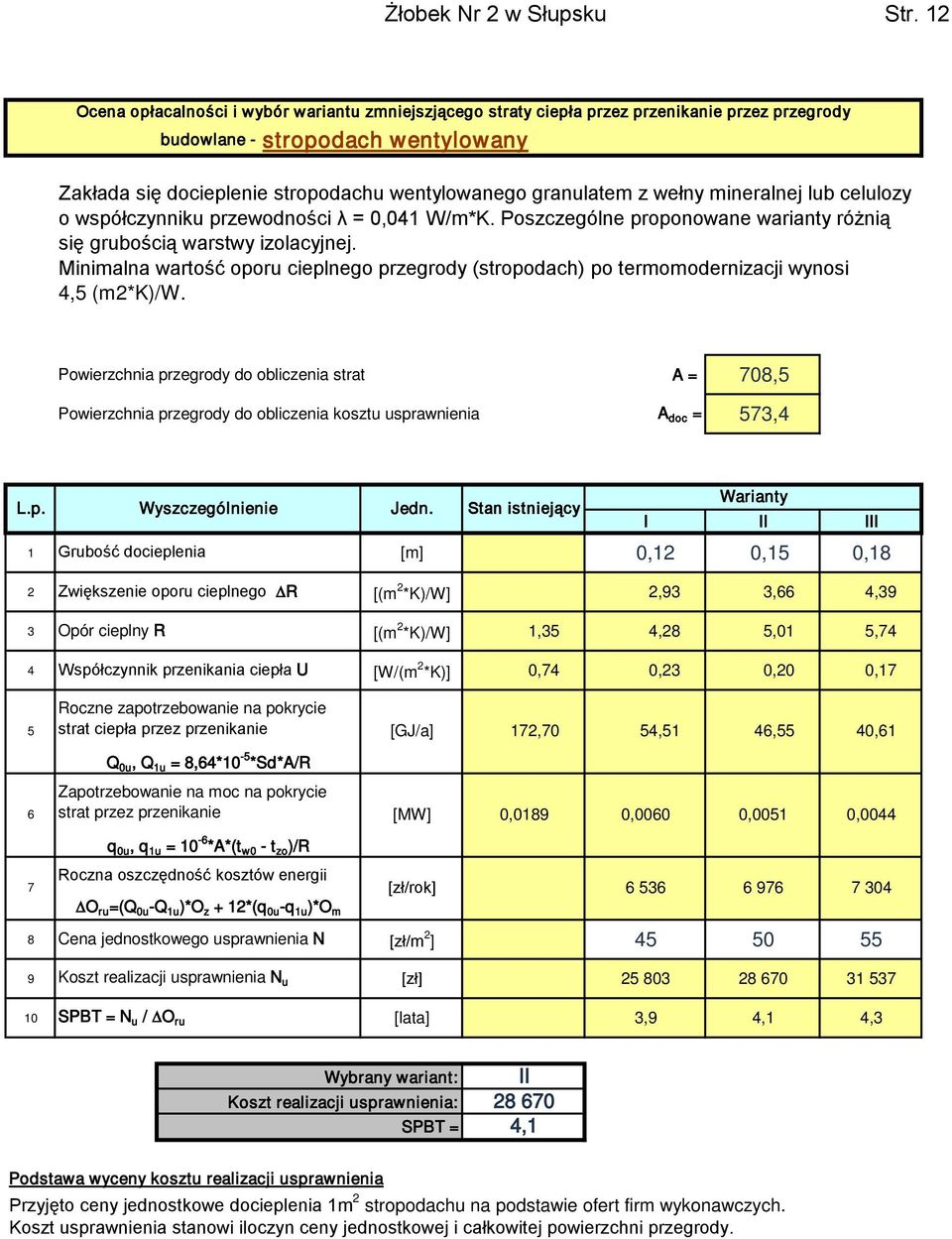 wełny mineralnej lub celulozy o współczynniku przewodności λ = 0,041 W/m*K. Poszczególne proponowane warianty różnią się grubością warstwy izolacyjnej.