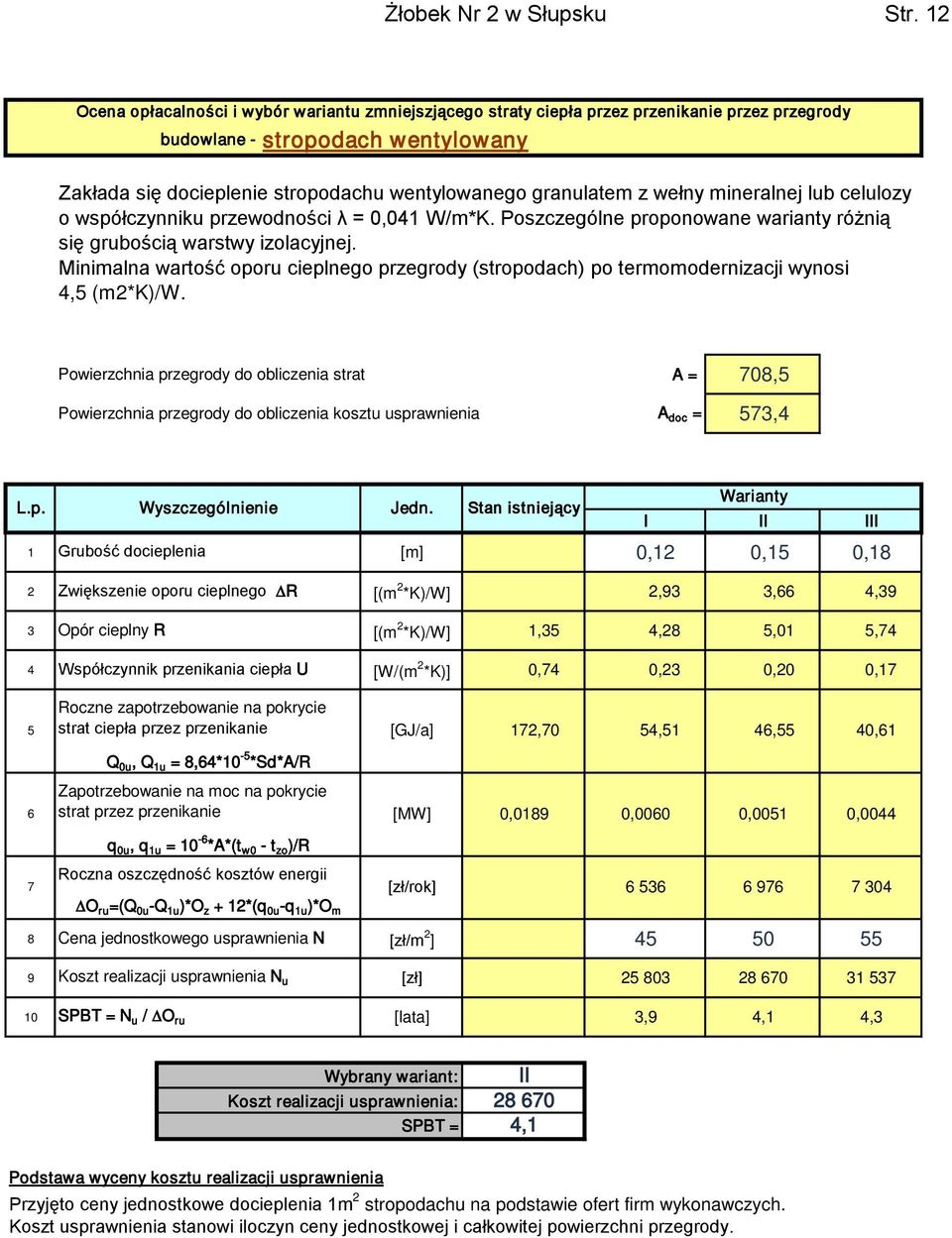 wełny mineralnej lub celulozy o współczynniku przewodności λ = 0,041 W/m*K. Poszczególne proponowane warianty różnią się grubością warstwy izolacyjnej.