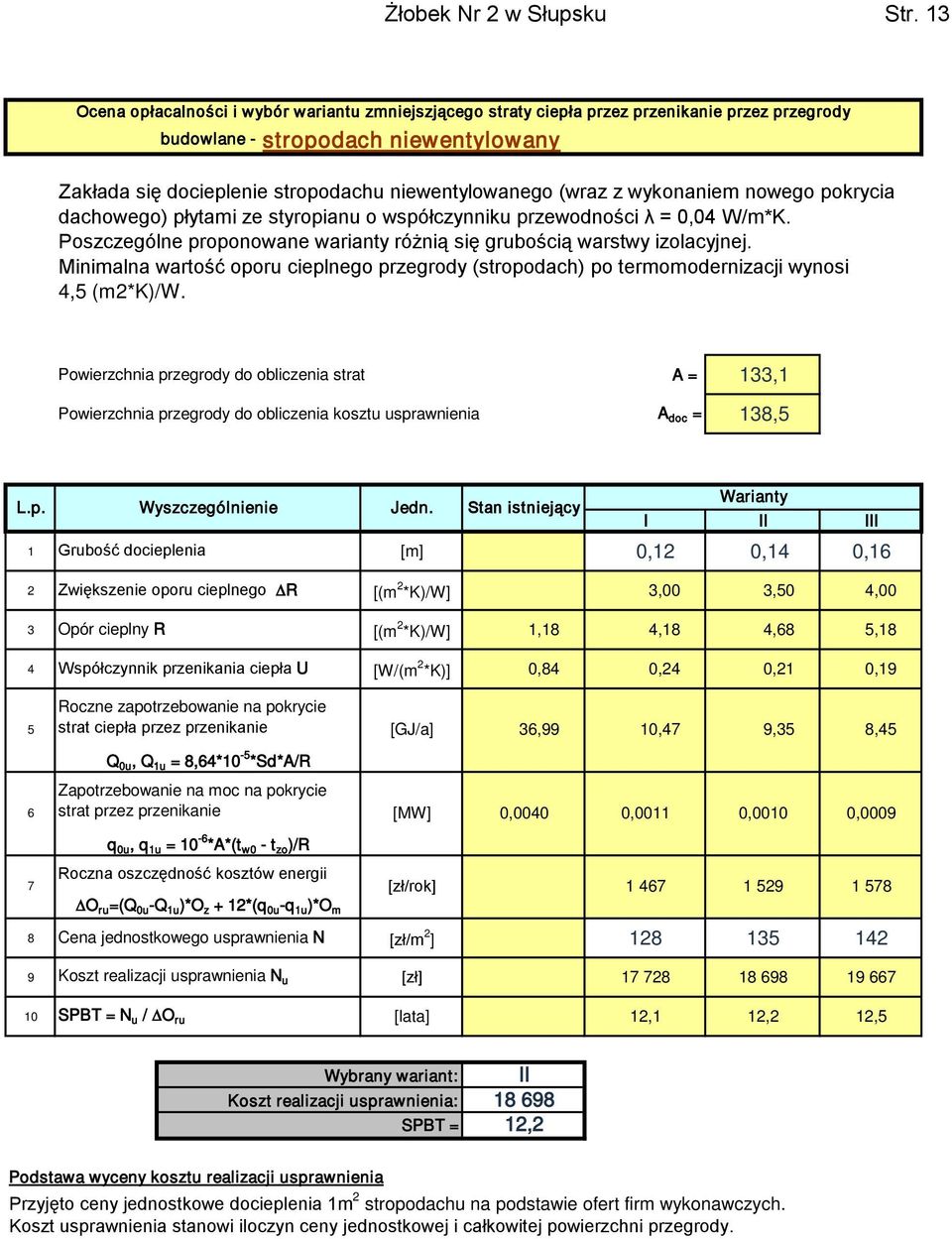 z wykonaniem nowego pokrycia dachowego) płytami ze styropianu o współczynniku przewodności λ = 0,04 W/m*K. Poszczególne proponowane warianty różnią się grubością warstwy izolacyjnej.