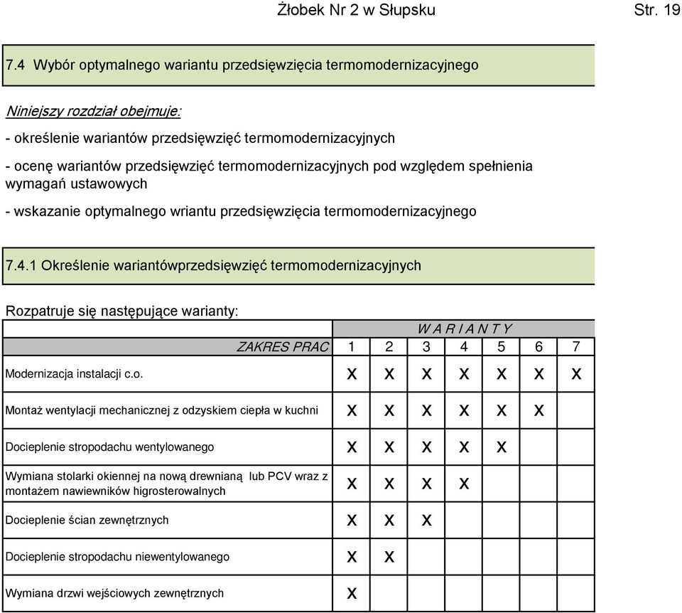 termomodernizacyjnych pod względem spełnienia wymagań ustawowych - wskazanie optymalnego wriantu przedsięwzięcia termomodernizacyjnego 7.4.