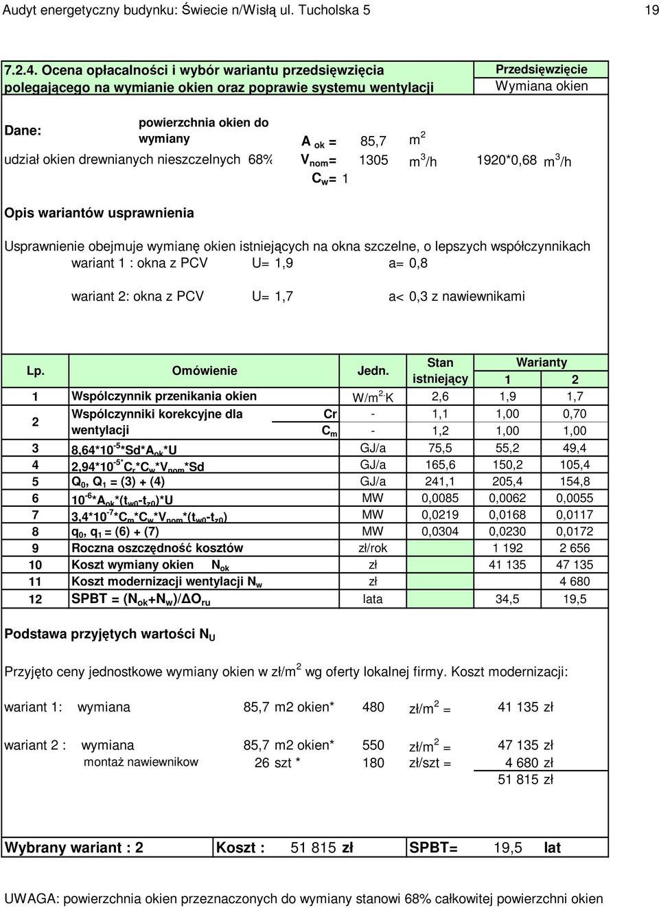 drewnianych nieszczelnych 68% A ok = 85,7 m 2 V nom = 1305 m 3 /h 1920*0,68 m 3 /h C w = 1 Opis wariantów usprawnienia Usprawnienie obejmuje wymianę okien istniejących na okna szczelne, o lepszych