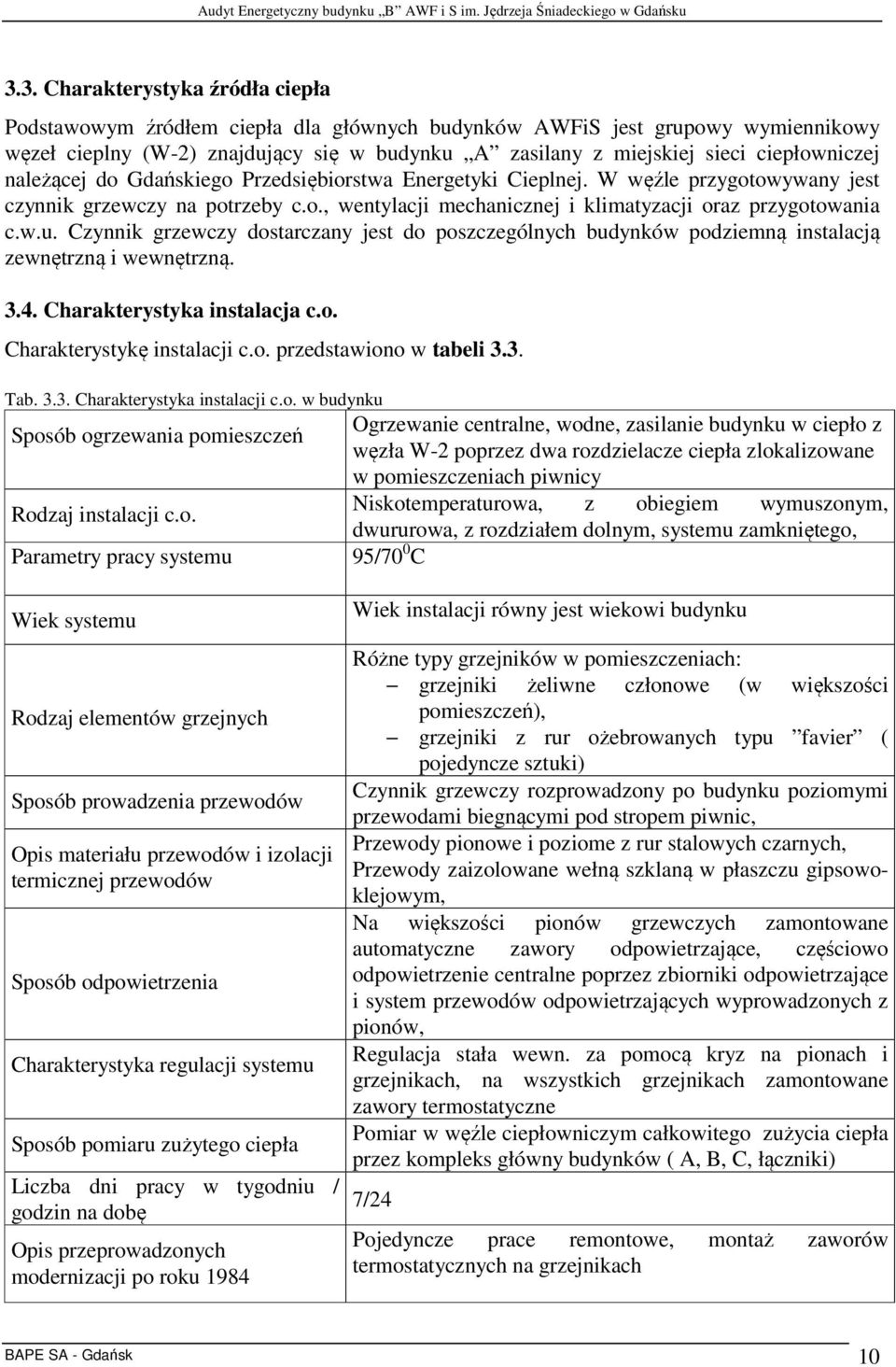 w.u. Czynnik grzewczy dostarczany jest do poszczególnych budynków podziemną instalacją zewnętrzną i wewnętrzną. 3.4. Charakterystyka instalacja c.o. Charakterystykę instalacji c.o. przedstawiono w tabeli 3.