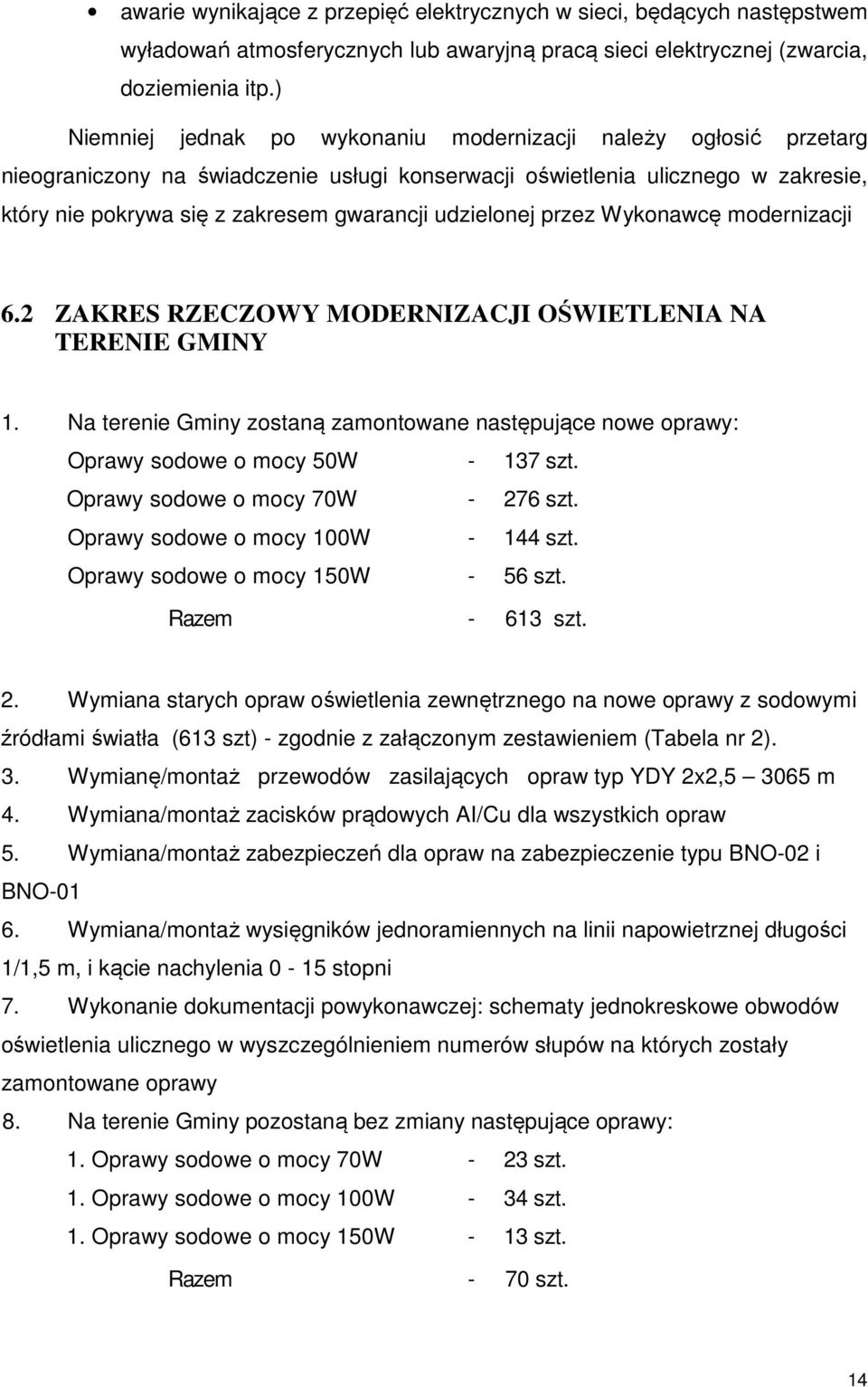 udzielonej przez Wykonawcę modernizacji 6.2 ZAKRES RZECZOWY MODERNIZACJI OŚWIETLENIA NA TERENIE GMINY 1.