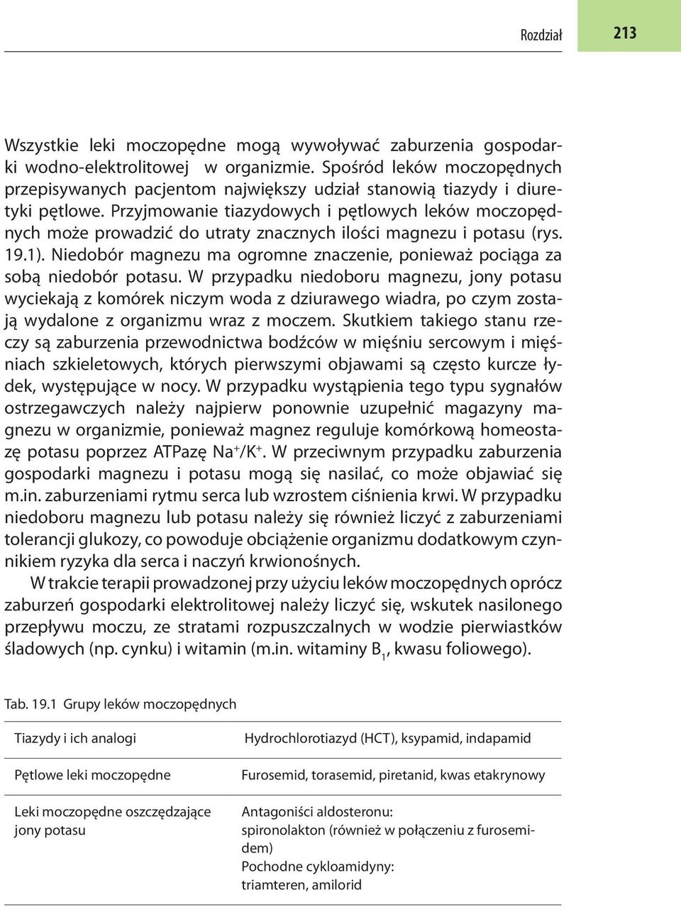 Przyjmowanie tiazydowych i pętlowych leków moczopędnych może prowadzić do utraty znacznych ilości magnezu i potasu (rys. 19.1).