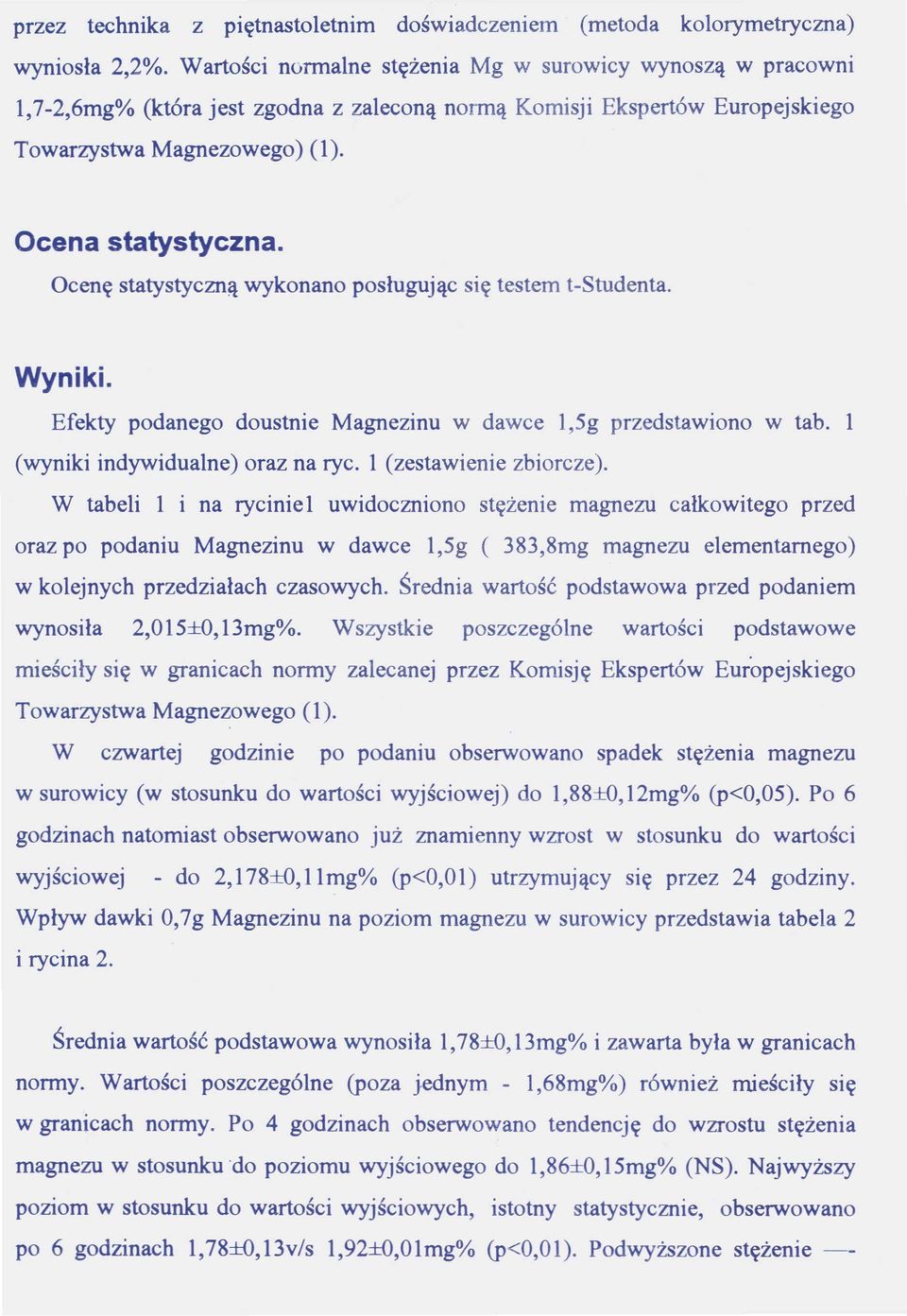 Ocenę statystyczną wykonano posługując się testem t-studenta. Wyniki. Efekty podanego doustnie Magnezinu w dawce l,5g przedstawiono w tab. l (wyniki indywidualne) oraz na ryc.