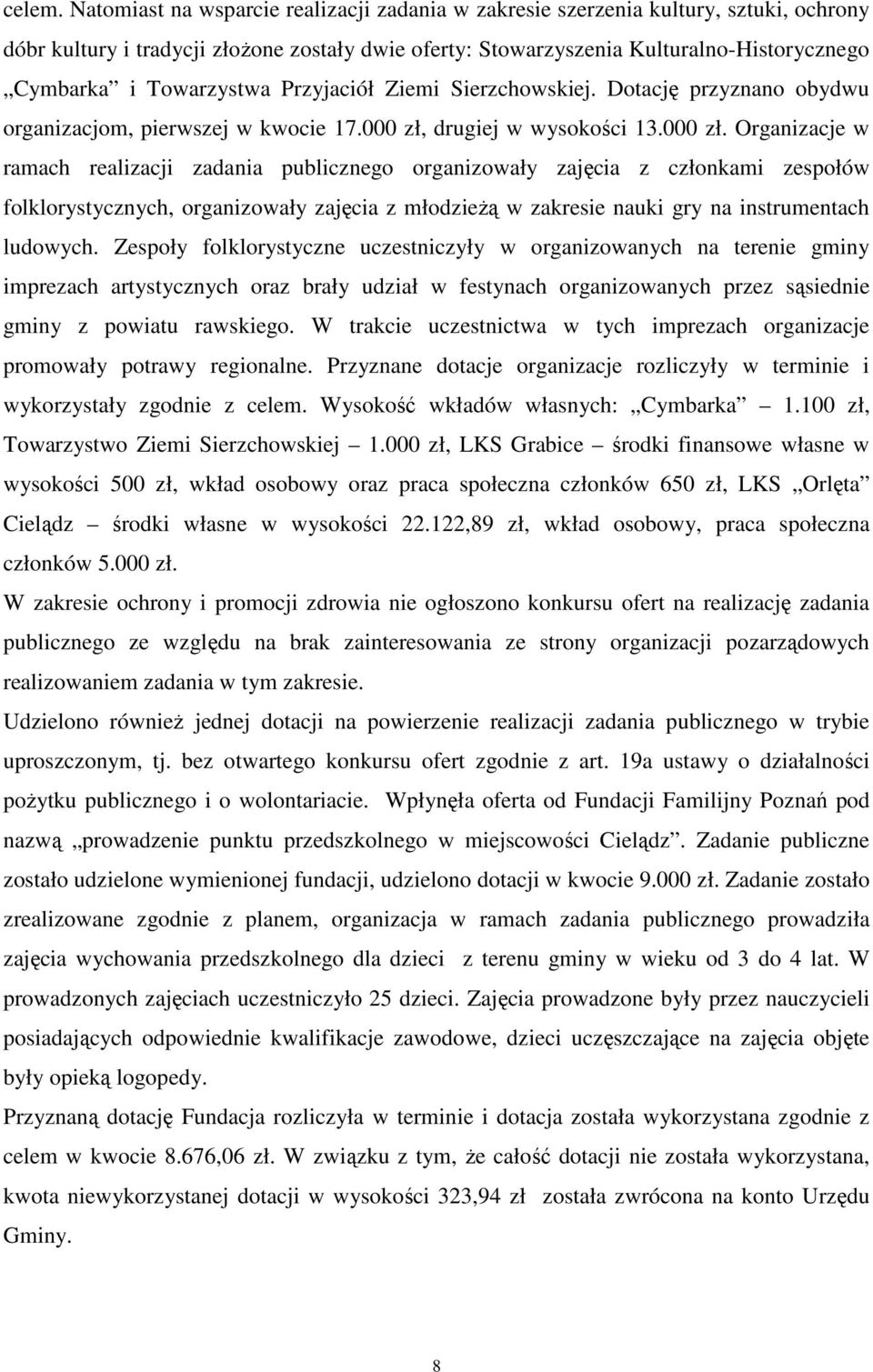 Towarzystwa Przyjaciół Ziemi Sierzchowskiej. Dotację przyznano obydwu organizacjom, pierwszej w kwocie 17.000 zł,