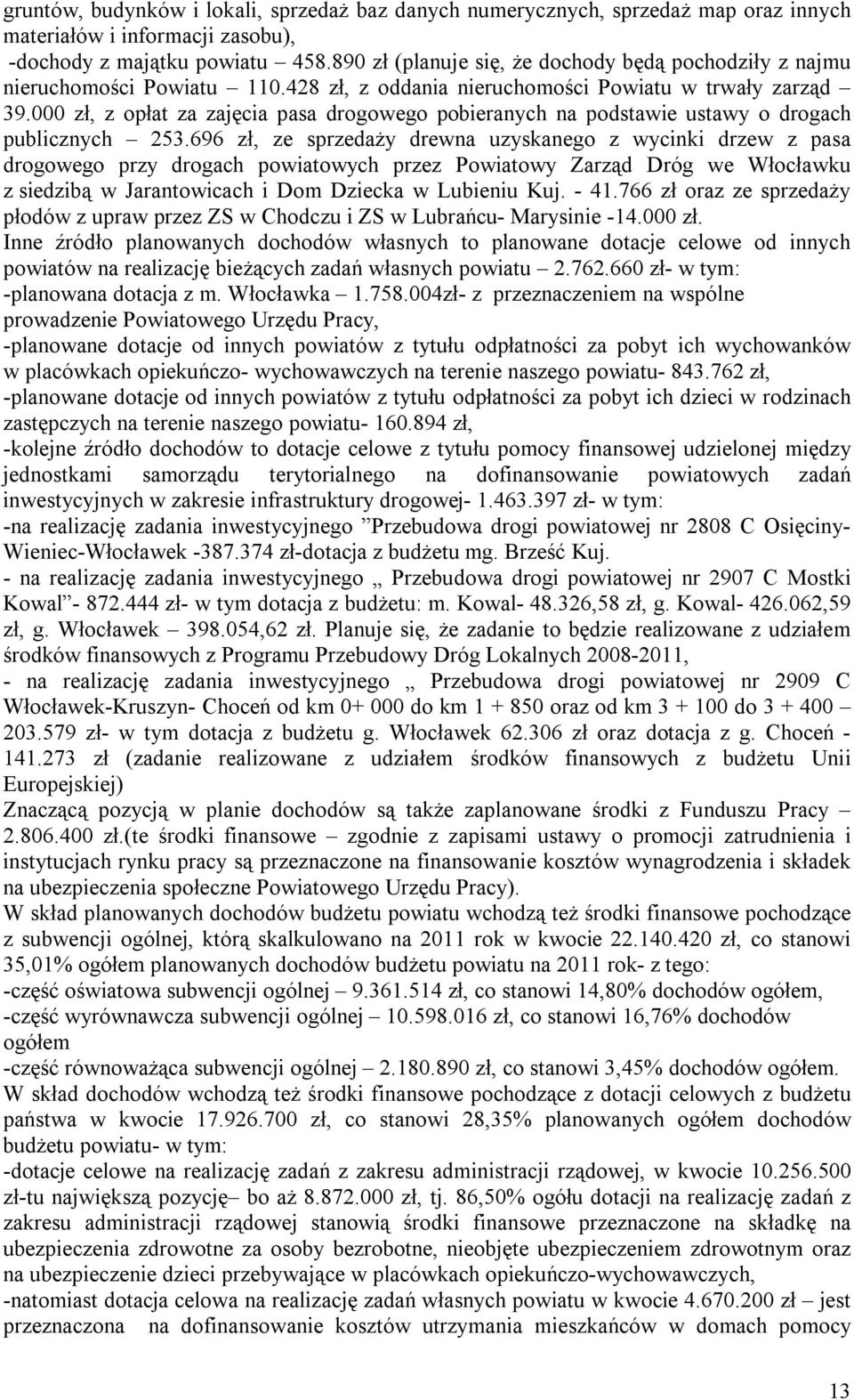000 zł, z opłat za zajęcia pasa drogowego pobieranych na podstawie ustawy o drogach publicznych 253.