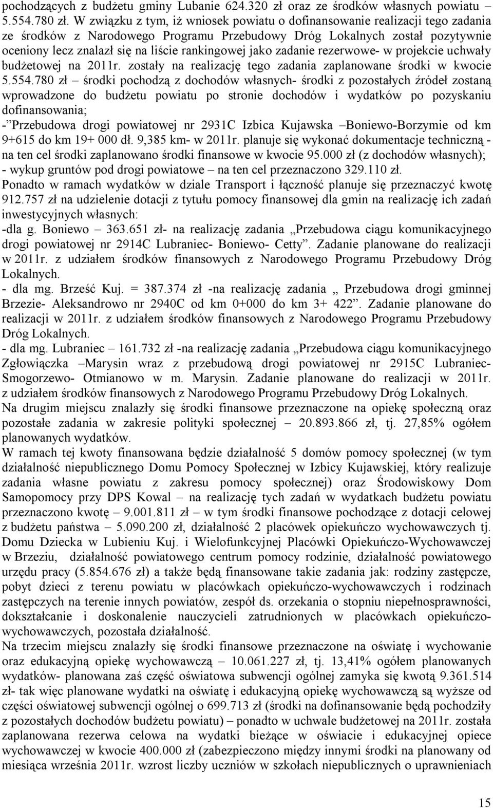 rankingowej jako zadanie rezerwowe- w projekcie uchwały budżetowej na 2011r. zostały na realizację tego zadania zaplanowane środki w kwocie 5.554.