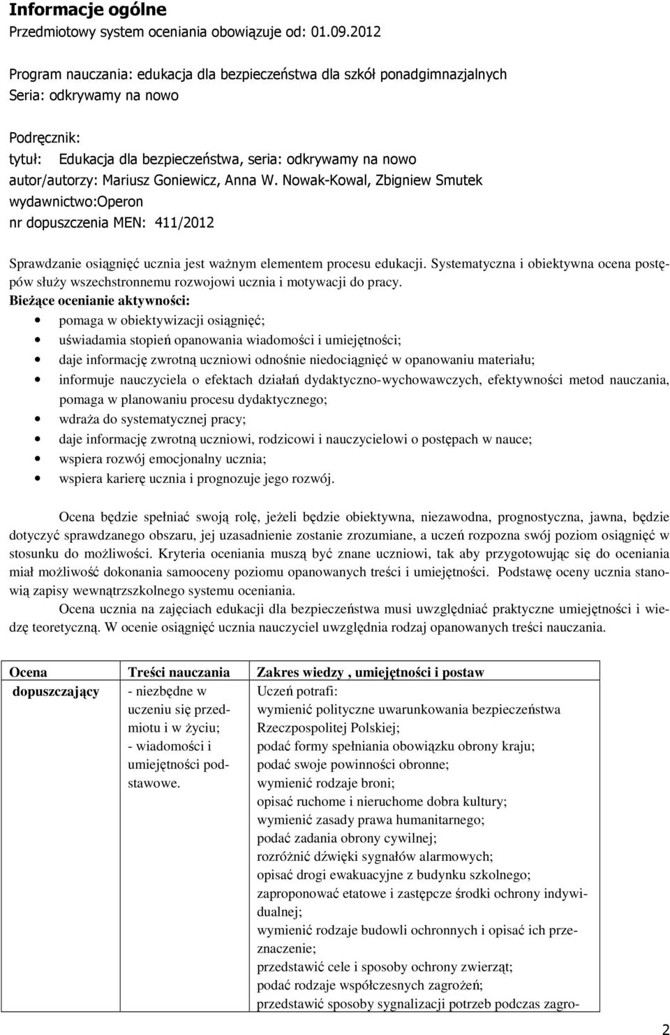 Mariusz Goniewicz, Anna W. Nowak-Kowal, Zbigniew Smutek wydawnictwo:operon nr dopuszczenia MEN: 411/2012 Sprawdzanie osiągnięć ucznia jest ważnym elementem procesu edukacji.