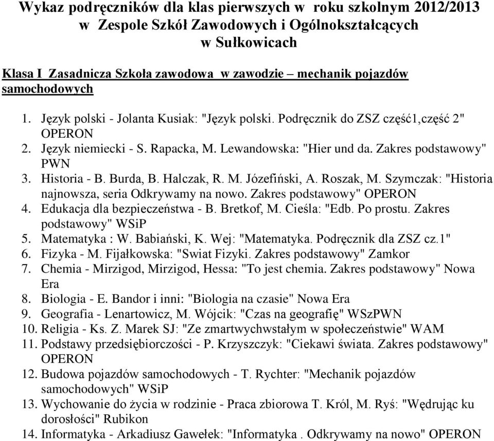 Edukacja dla bezpieczeństwa - B. Bretkof, M. Cieśla: "Edb. Po prostu. Zakres 5. Matematyka : W. Babiański, K. Wej: "Matematyka. Podręcznik dla ZSZ cz.1" 6. Fizyka - M. Fijałkowska: "Swiat Fizyki.