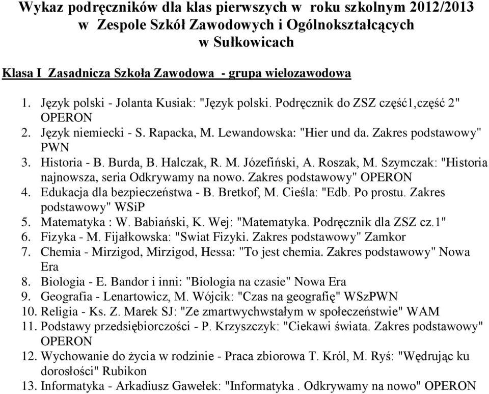 Edukacja dla bezpieczeństwa - B. Bretkof, M. Cieśla: "Edb. Po prostu. Zakres 5. Matematyka : W. Babiański, K. Wej: "Matematyka. Podręcznik dla ZSZ cz.1" 6. Fizyka - M. Fijałkowska: "Swiat Fizyki.