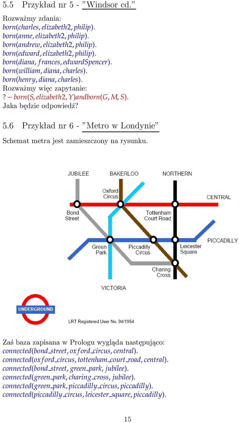6 Przykładnr6- MetrowLondynie Schemat metra jest zamieszczony na rysunku. Zaś baza zapisana w Prologu wygląda następująco: connected(bond street, ox f ord circus, central).
