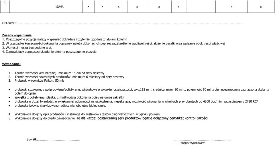 Zamawiający dopuszcza składanie ofert na poszczególne pozycje. Wymagania: 1. Termin ważności krwi baraniej: minimum 14 dni od daty dostawy 2.