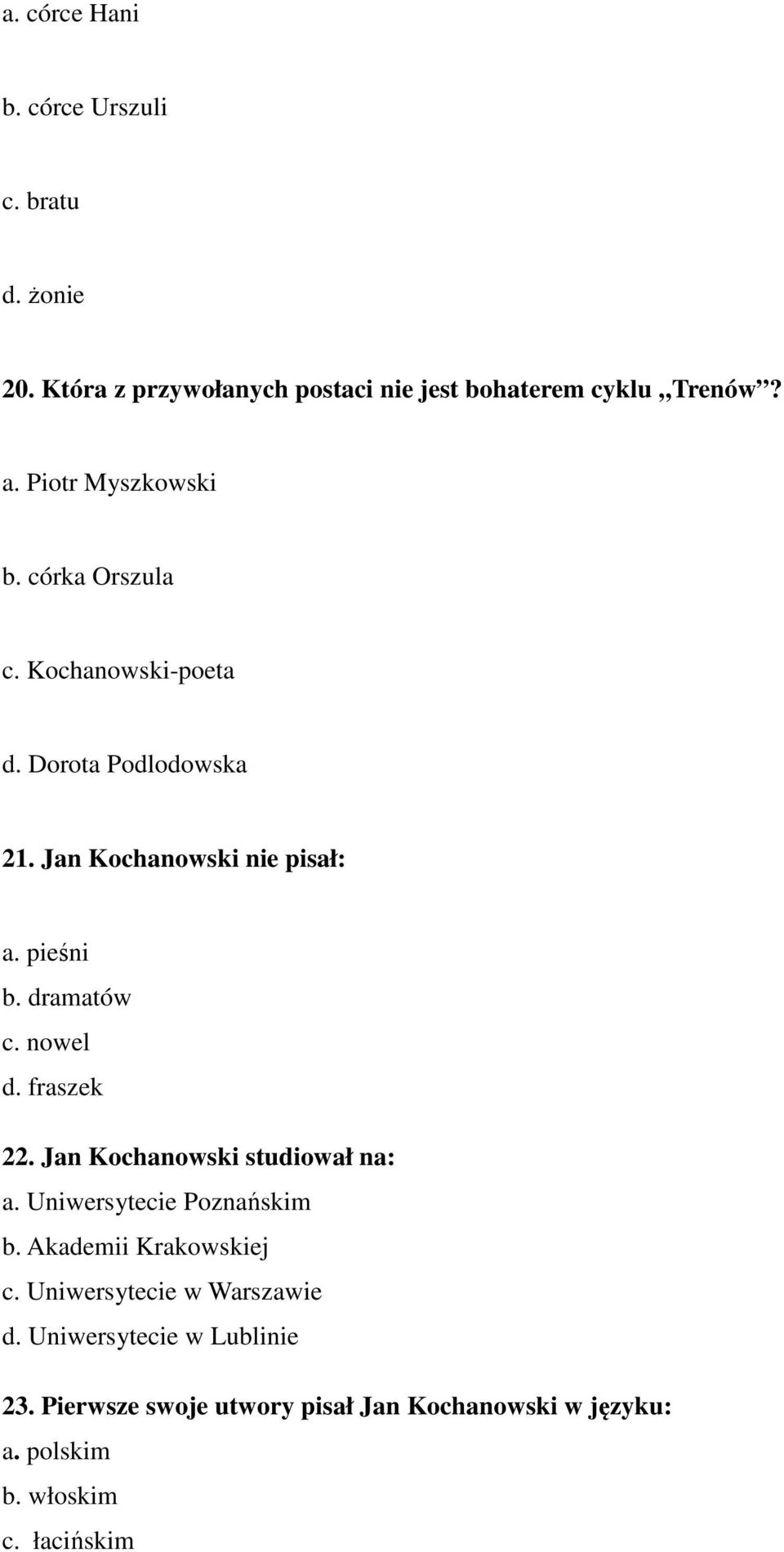 dramatów c. nowel d. fraszek 22. Jan Kochanowski studiował na: a. Uniwersytecie Poznańskim b. Akademii Krakowskiej c.