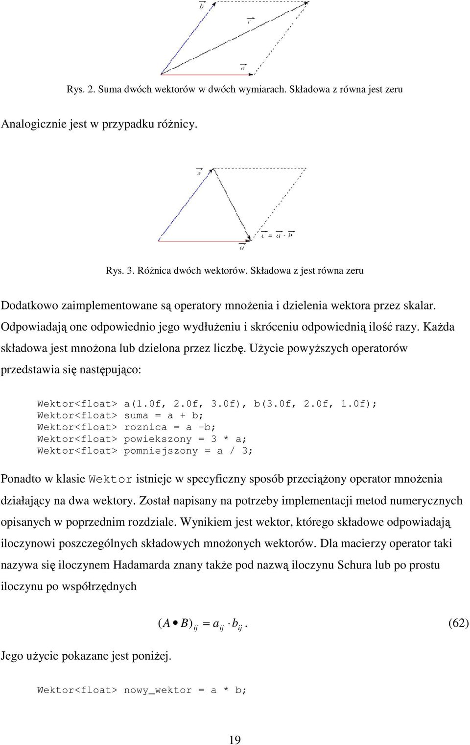 KaŜda składowa jes mnoŝona lub dzielona przez liczbę. UŜycie powyŝszych operaorów przedsawia się nasępująco: Wekor<floa> a(1.0f, 2.0f, 3.0f), b(3.0f, 2.0f, 1.