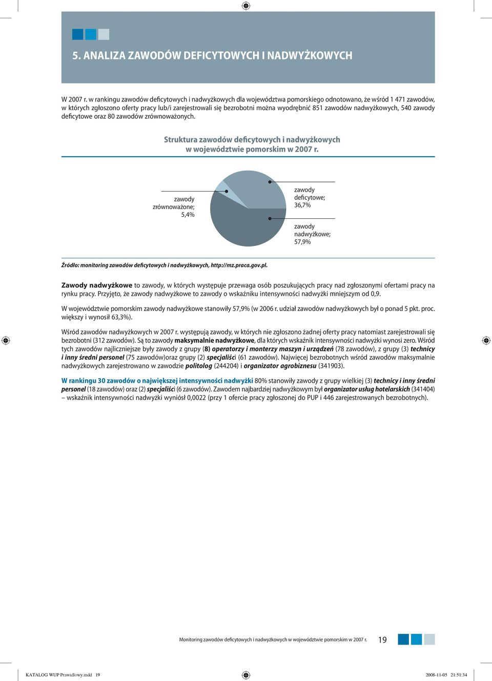 851 zawodów nadwyżkowych, 540 deficytowe oraz 80 zawodów zrównoważonych. Struktura zawodów deficytowych i nadwyżkowych w województwie pomorskim w 2007 r.