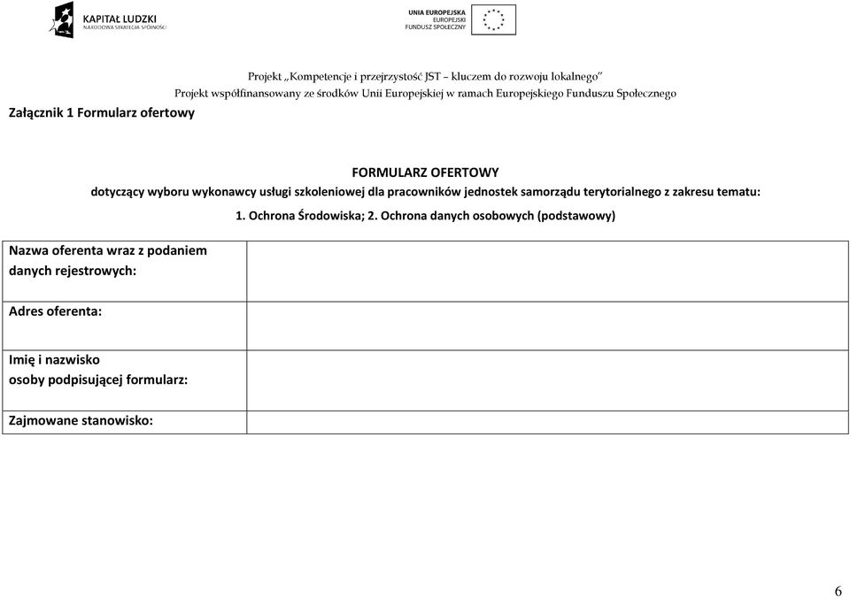 terytorialnego z zakresu tematu: 1. Ochrona Środowiska; 2.