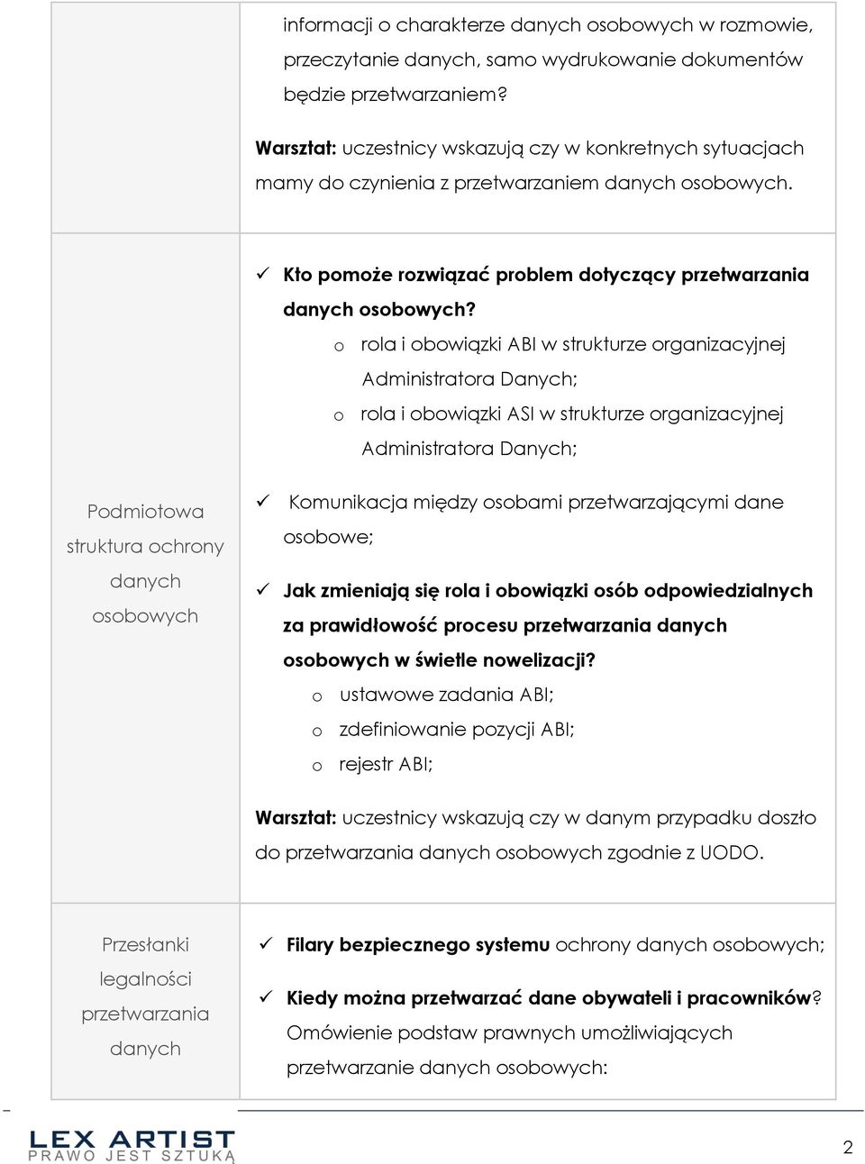 o rola i obowiązki ABI w strukturze organizacyjnej Administratora Danych; o rola i obowiązki ASI w strukturze organizacyjnej Administratora Danych; Podmiotowa struktura ochrony osobowych Komunikacja