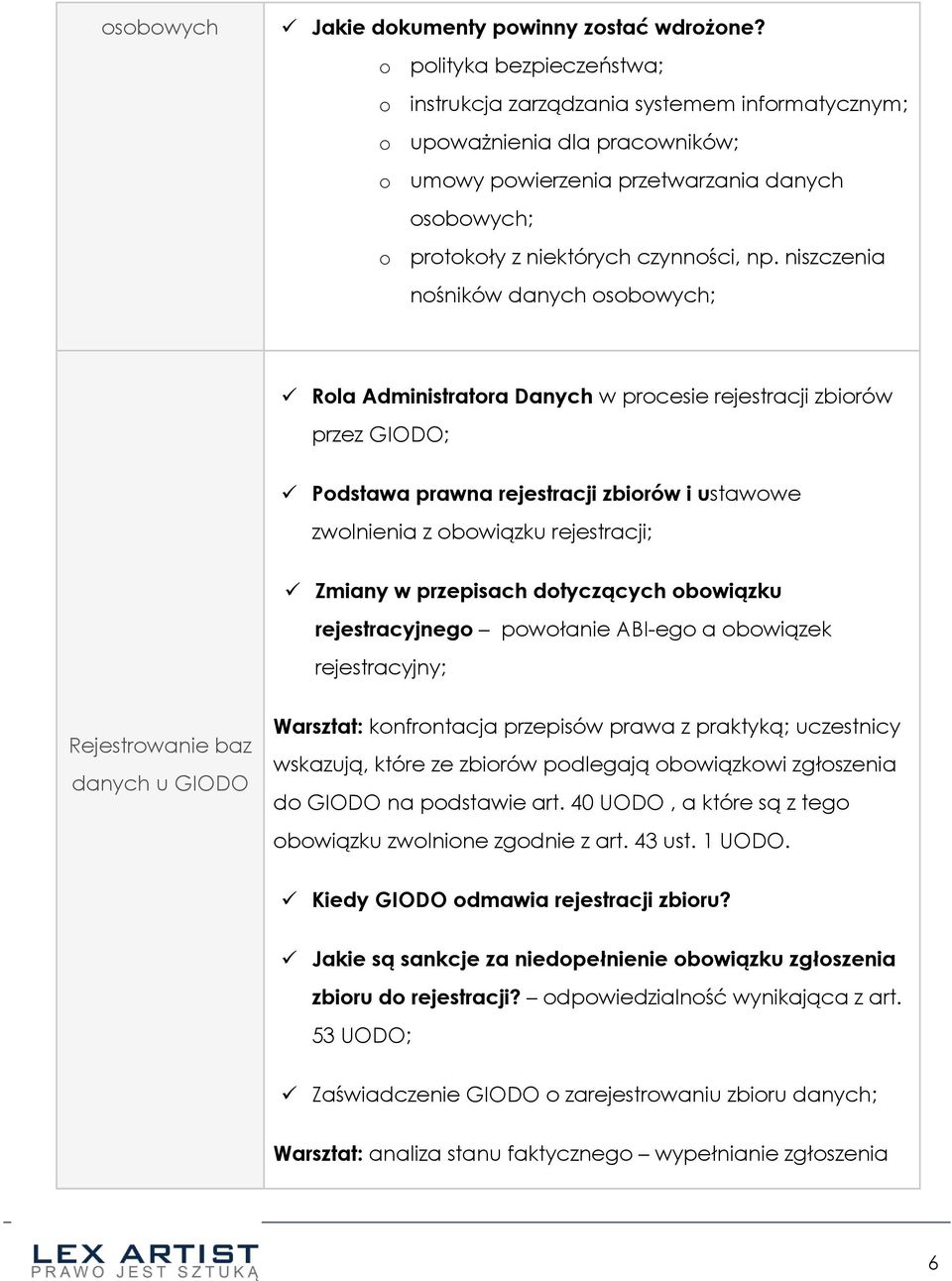 niszczenia nośników Rola Administratora Danych w procesie rejestracji zbiorów przez GIODO; Podstawa prawna rejestracji zbiorów i ustawowe zwolnienia z obowiązku rejestracji; Zmiany w przepisach