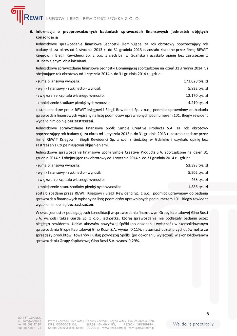 Jednostkowe sprawozdanie finansowe Jednostki Dominującej sporządzone na dzień 31 grudnia 2014 r. i obejmujące rok obrotowy od 1 stycznia 2014 r. do 31 grudnia 2014 r.