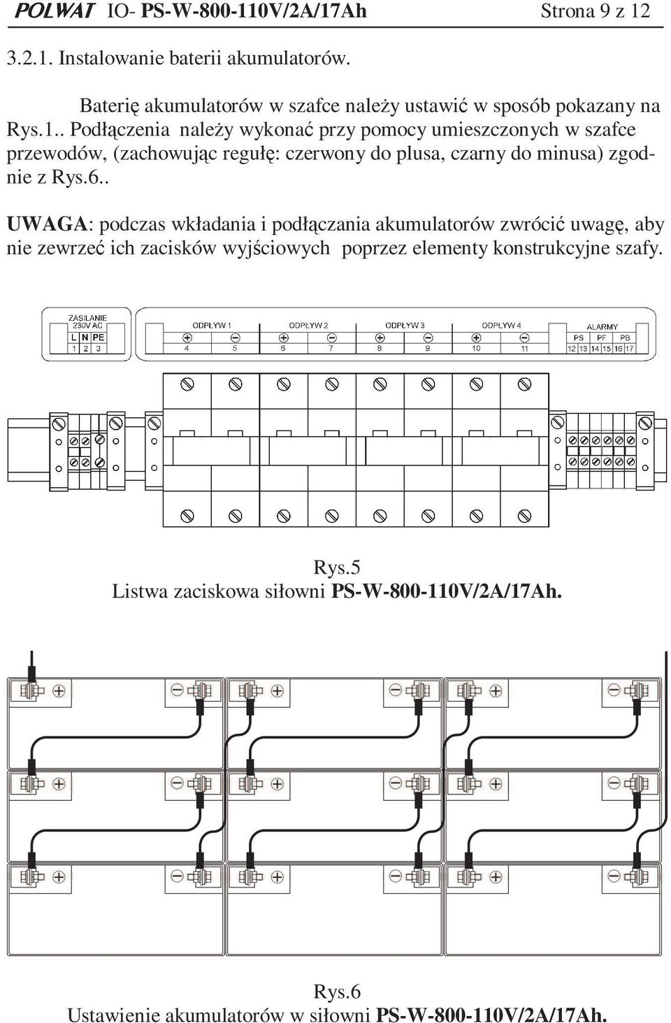 . Podłączenia należy wykonać przy pomocy umieszczonych w szafce przewodów, (zachowując regułę: czerwony do plusa, czarny do minusa) zgodnie z